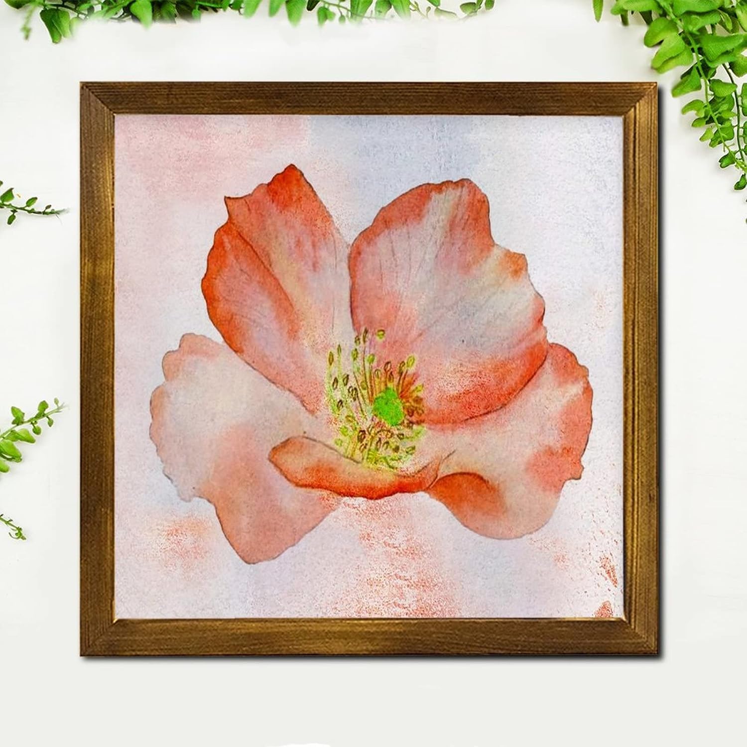 Retro Orange Hibiscus Flower Framed Wood Signs Vintage Watercolor Floral Painting Wooden Art Wall Retro Botanical Artwork Woodshop Garage Wall Decorative for Home Room Garden Kitchen 12x12 inch