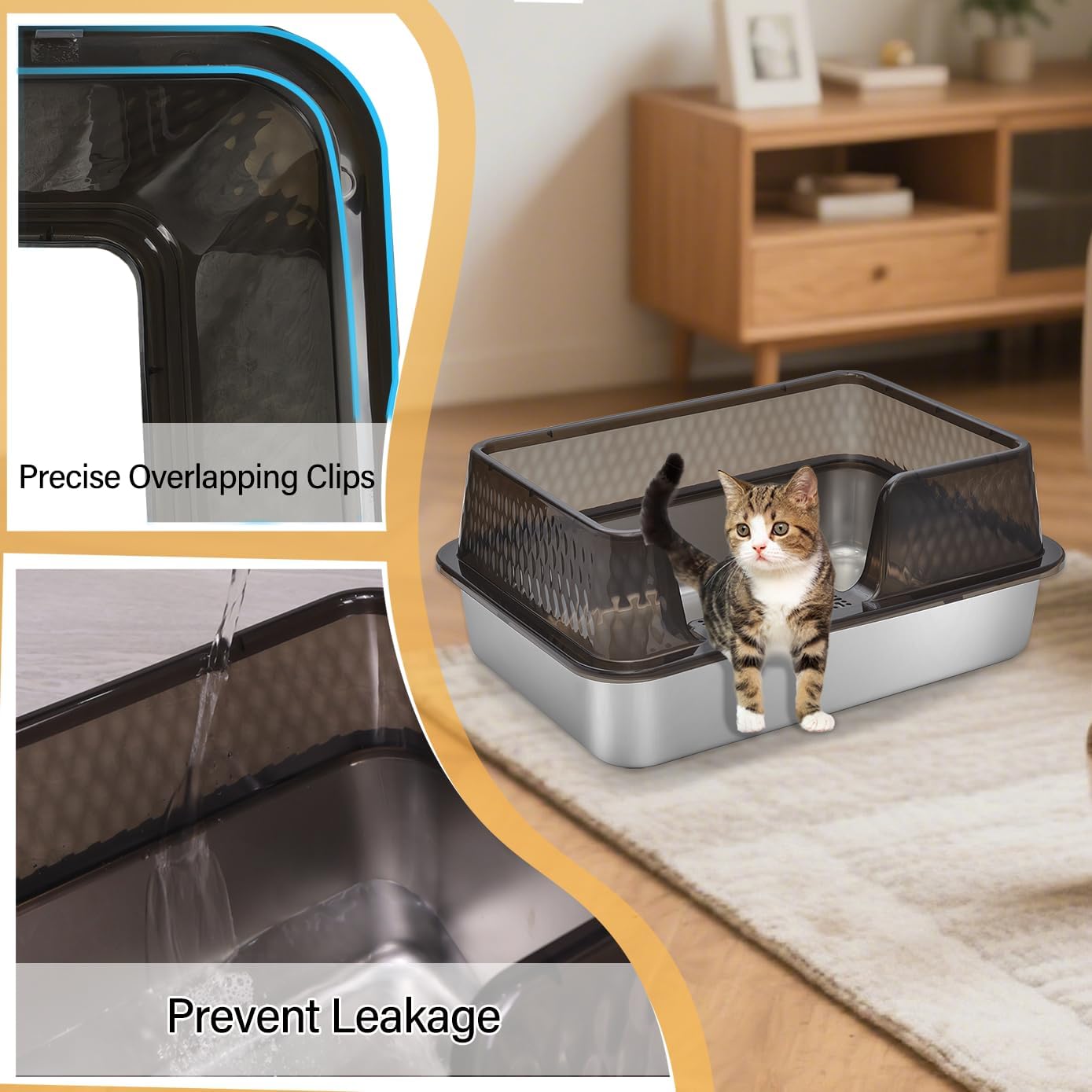 Medium Low Entry Enclosed Stainless Steel Cat Litter Box with lid Scoop and Pads Easy Clean Kitten Kitty Transparent Black Metal Litter Box