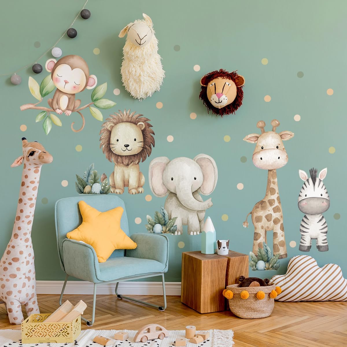 Safari Animals Nursery Wall Decal, Peel and Stick Nursery Mural Jungle Animals Lion, Elephant Wall Stickers for Kids, Boys and Girls Room, Bedroom & Toddler Room Decor (Boho Animal Dot Decals 59)