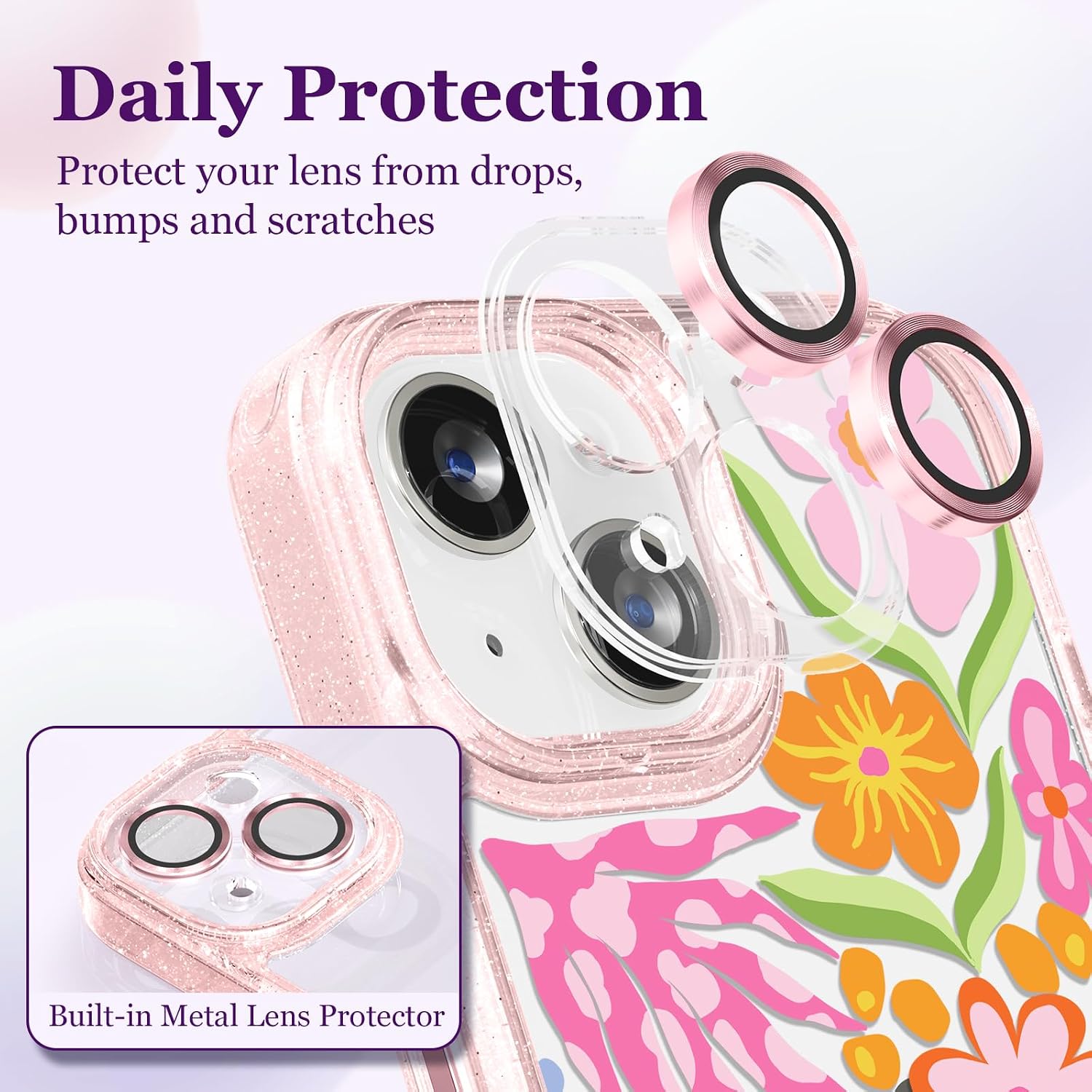Compatible for iPhone 13 Case Cute Aesthetic - Glitter Pink Phone Case with Camera Protector - Girly Passion Flower Pattern Print Cover Design for Woman Girl 6.1"