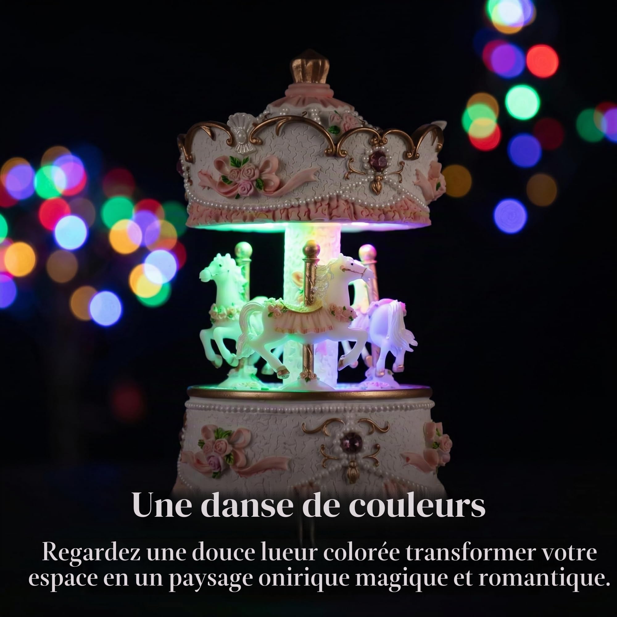 Boîtes à musique carrousel pour filles,Rotation à 3 chevaux,Château dans le ciel,Lumières LED changeantes de couleur,Cadeau musical pour bébé, enfant, fille, anniversaire, Noël,Boîte à musique,Rose