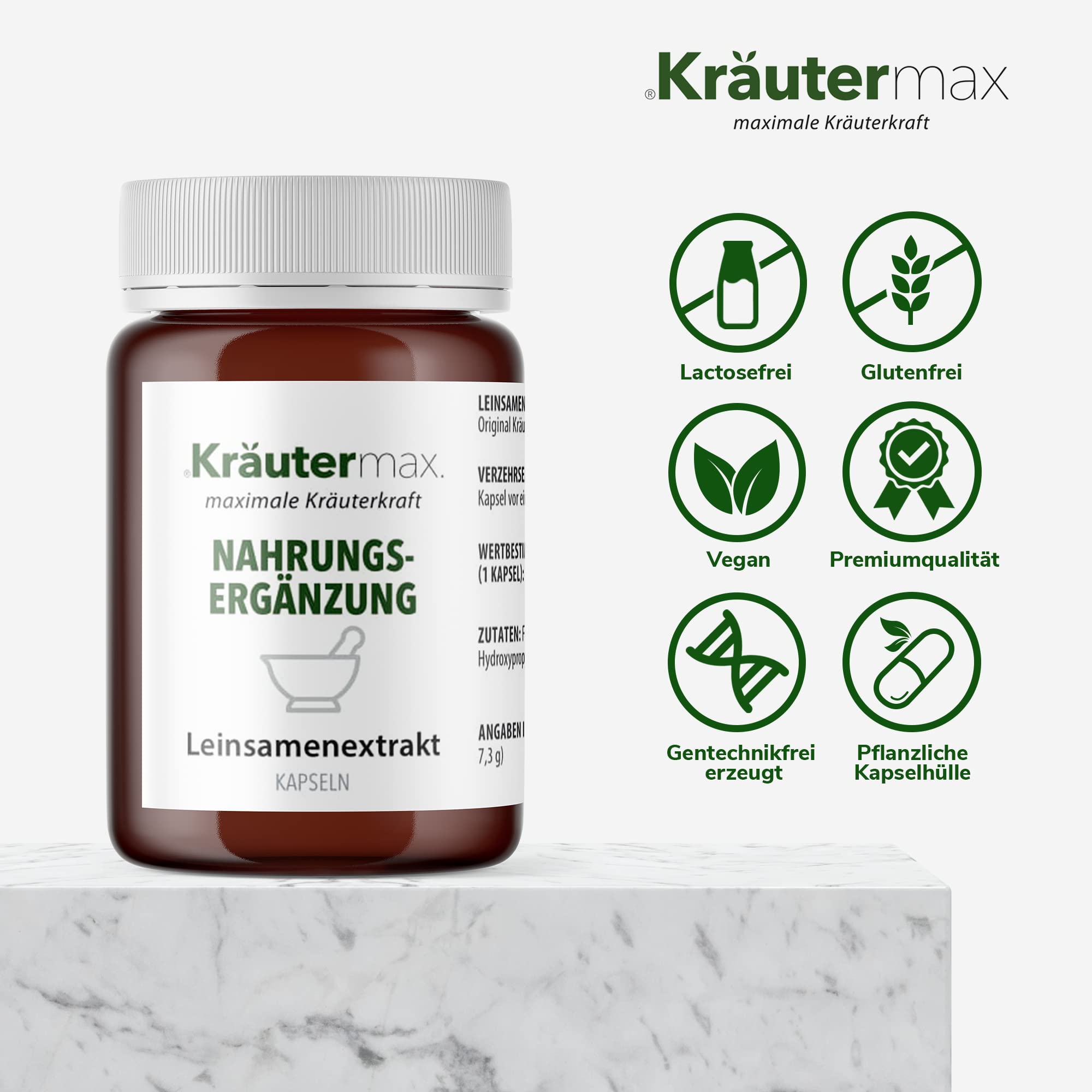 Kräutermax Leinsamen Kapseln Hochdosiert - Vegan - Pulver Linum Usitatissimum Extrakt - Glutenfrei - Leinsamenextrakt - 90 Kapseln