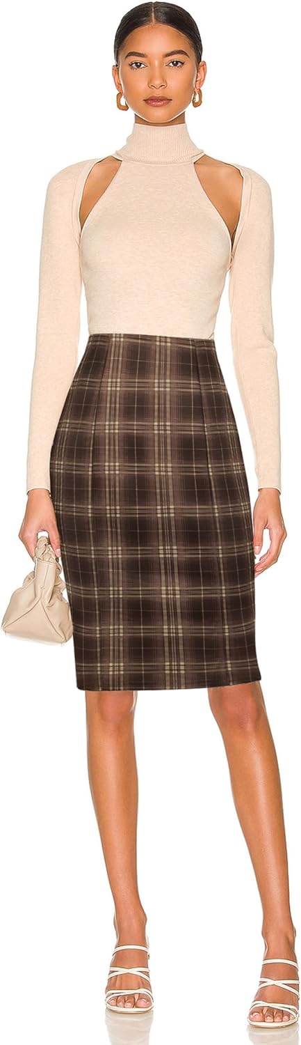 Kate Kasin Womens Knee Length Elastic Waist Stretchy Bodycon Plaid Business Pencil Skirt - Image 2