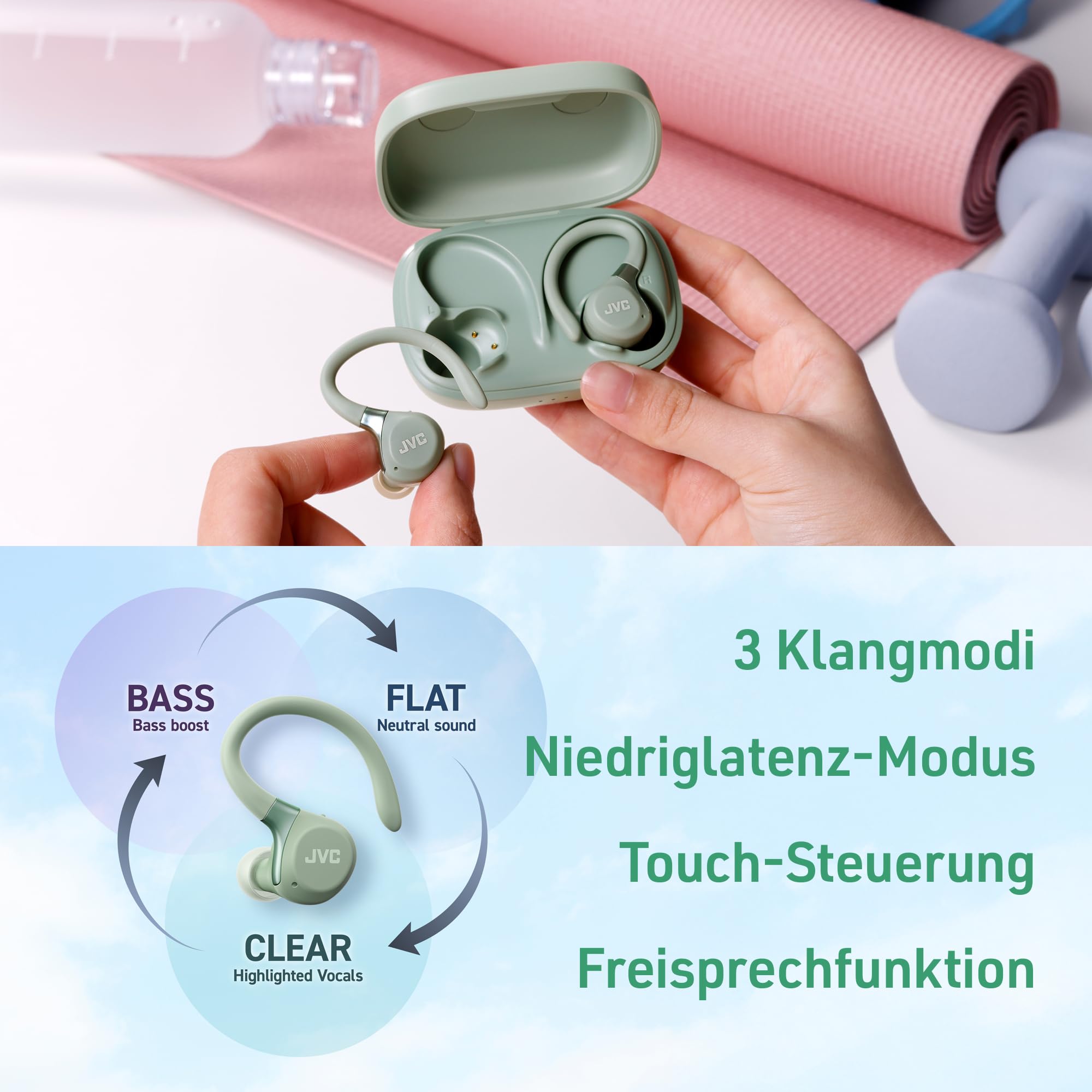 Fitness Series True Wireless Sport-Kopfhörer mit verstellbaren Bügeln, Active Noise Cancelling, Umgebungsmodus, IP57, 40 Std. Akkulaufzeit, App-EQ, geringe Latenz, Mikrofon – JVC HA-EC75T-G Grün