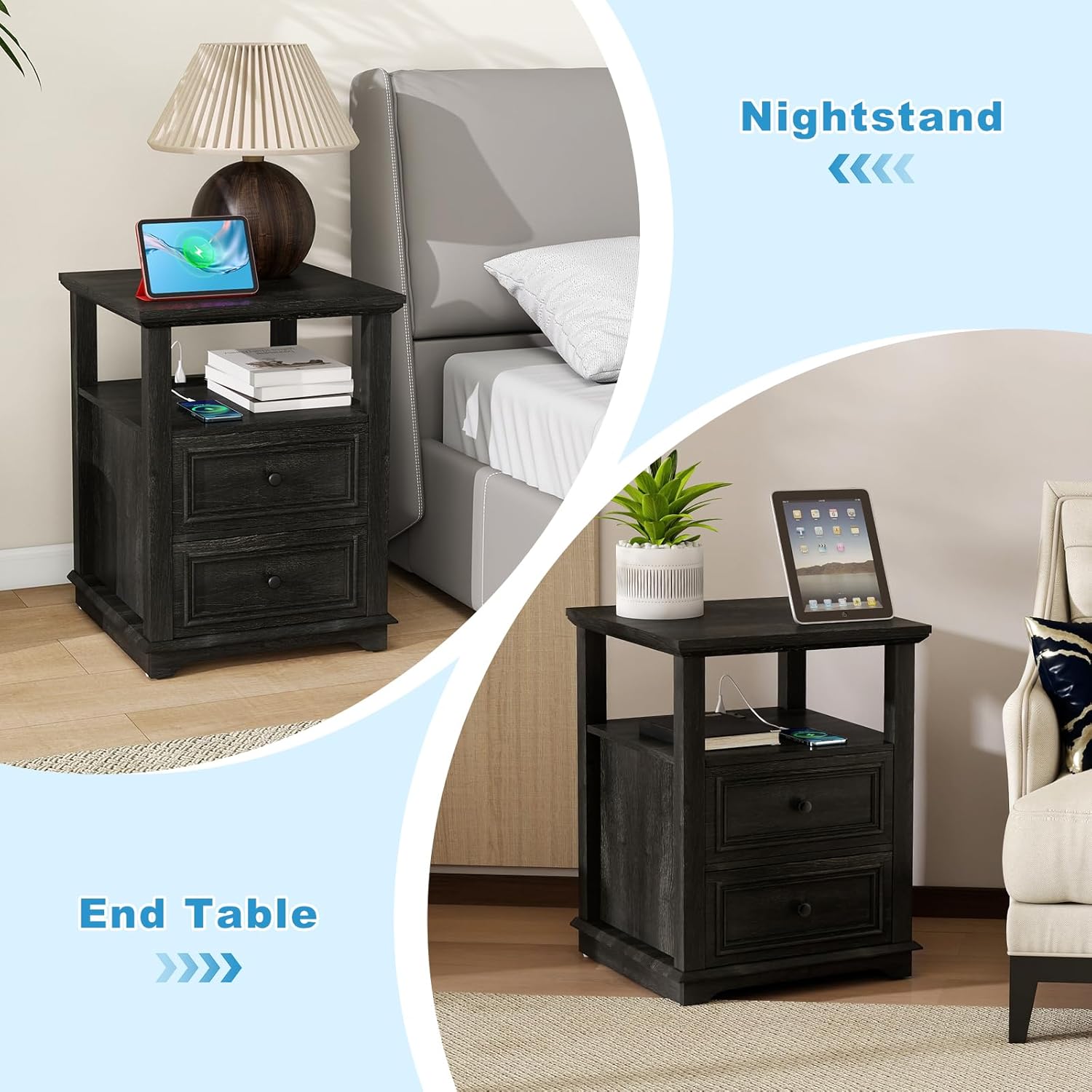 Vipbear Farmhouse Nightstand 18" Dark Gray End Table with Charging Station & 2 Drawers, Rustic Bedside Table with Storage Shelf for Bedroom, Living Room,18.1" D x 18.1" W x 24.2" H