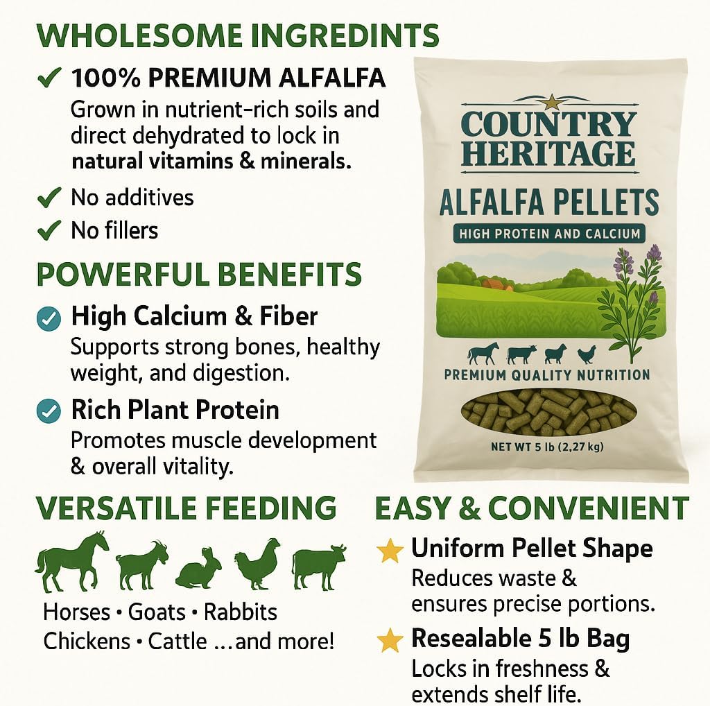 Country Heritage Alfalfa Pellets – Direct Dehydrated High-Fiber Forage Feed – Premium Nutrition for Horses, Cattle, Goats, and Chickens – All-Natural Livestock Supplement (50 Pounds)