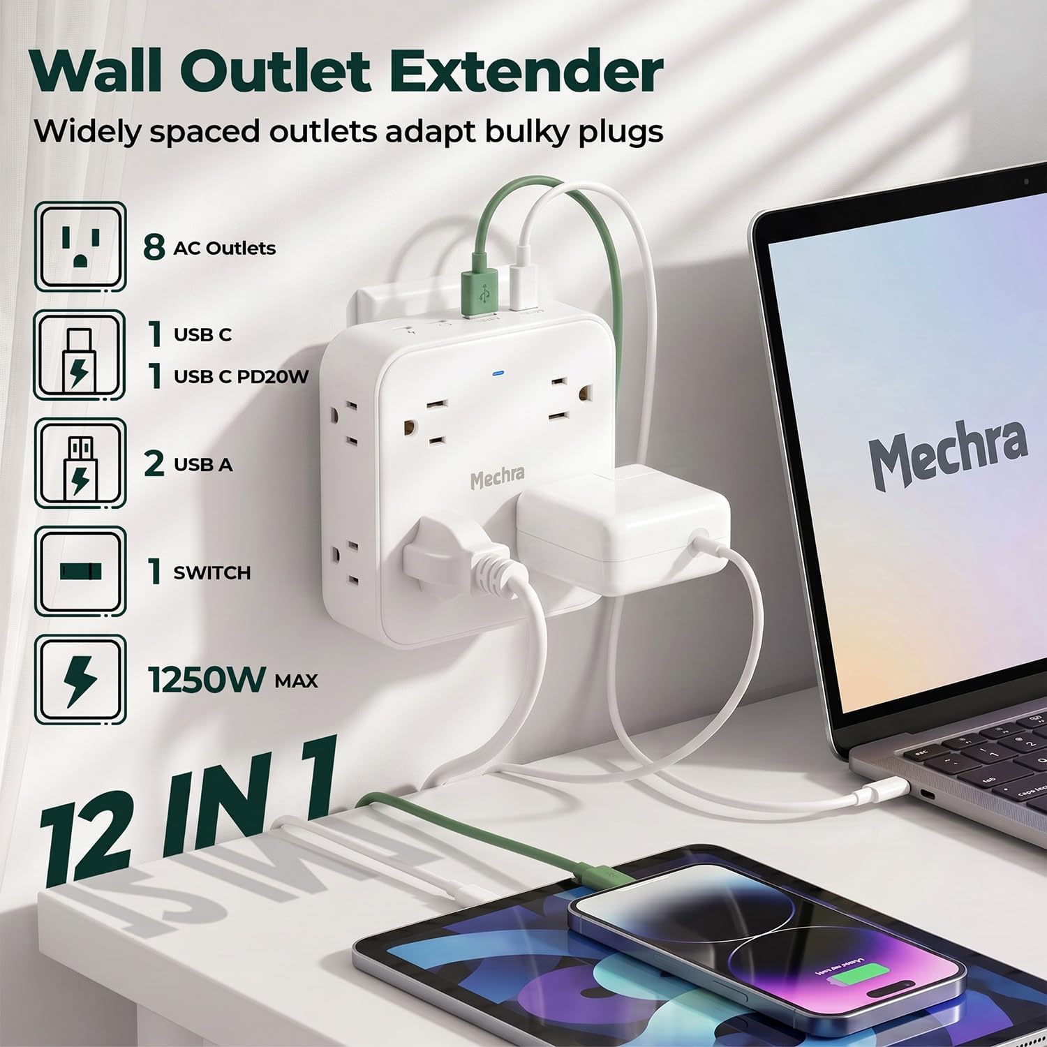 3-Sided Multi Plug Outlet Extender with Surge Protector, 12-in-1 Wall Charger Splitter 8 Sockets 4 USB (1x20W PD Fast Charging), AC Plug Expander for Travel, Home, Dorm, School, College, Office