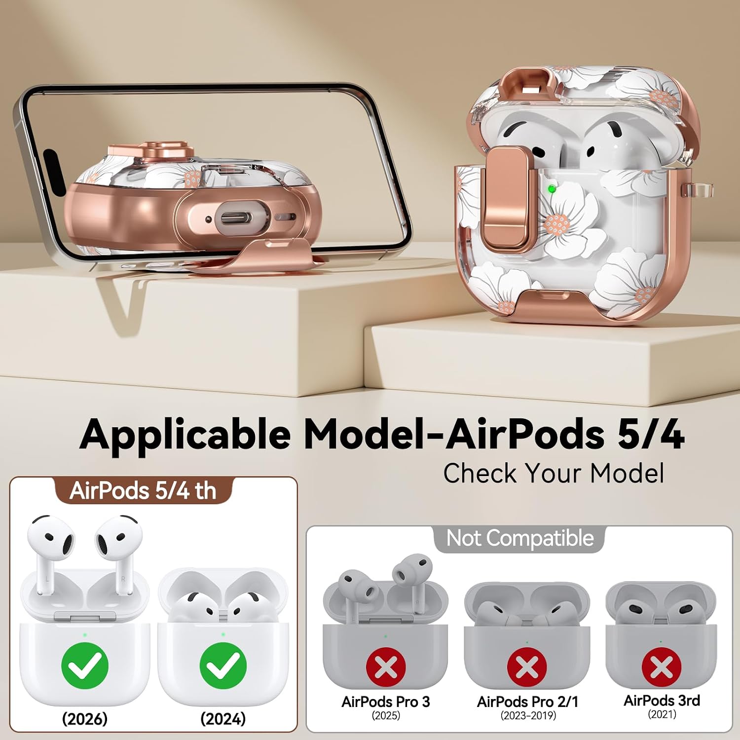 for AirPods 5/4 Case (2026-2024) with Lock-White Lily