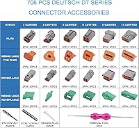 Vista 2 de 706 Pcs for Deutsch DT Connector Kit, Gray 2 3 4 6 8 12 Pin for DT Connectors with Solid Contacts Pick Removal Tool Size 16 Stamped Contacts, for