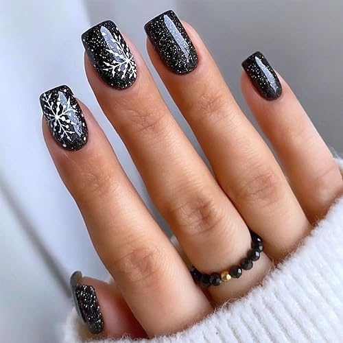 Snowflake Press on Nails Medium Square Christmas Black Fake Nails