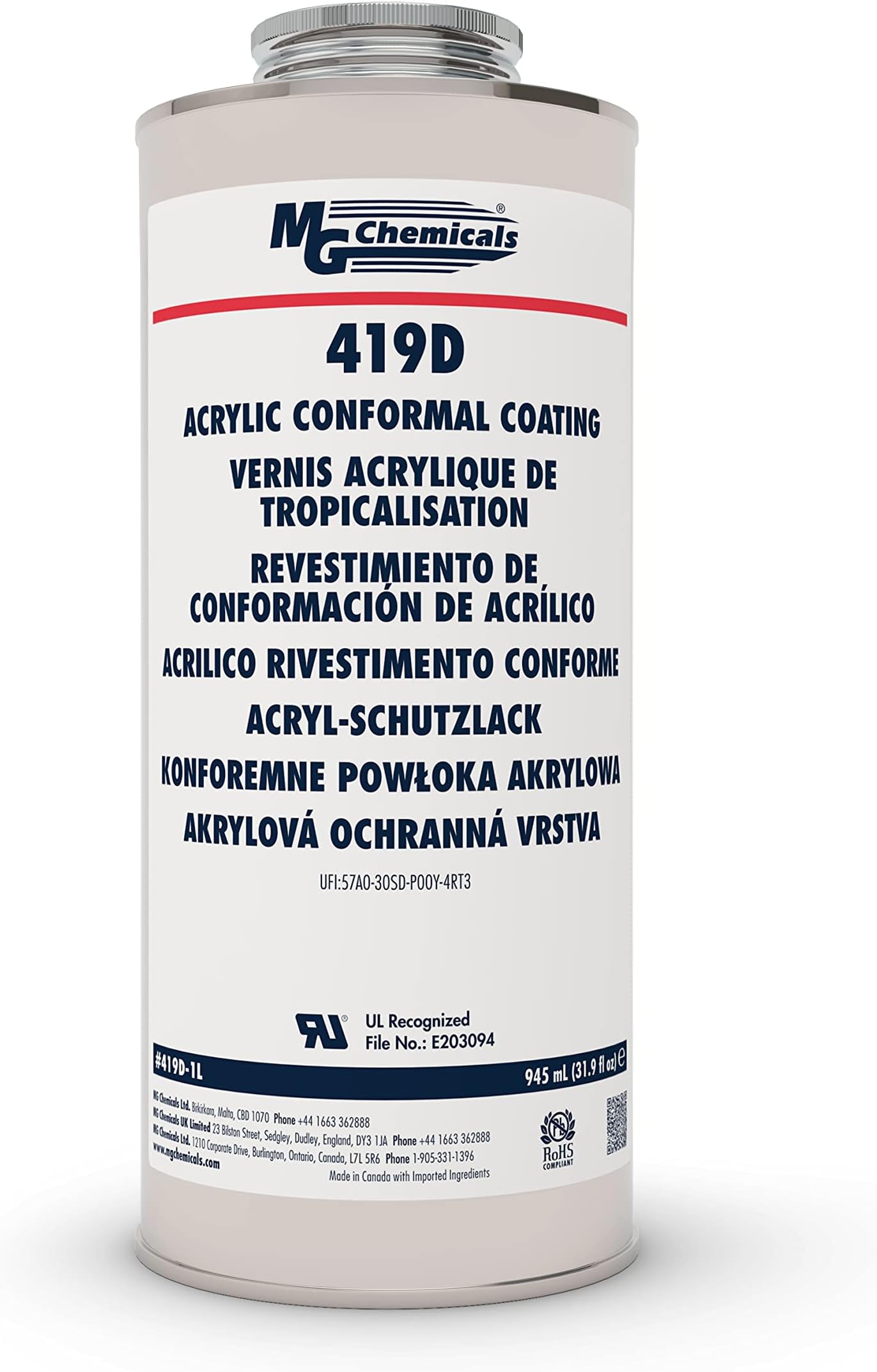 MG Chemicals 419D-1L Premium Acrylic Conformal Coating, 945mL Liquid Metal Can