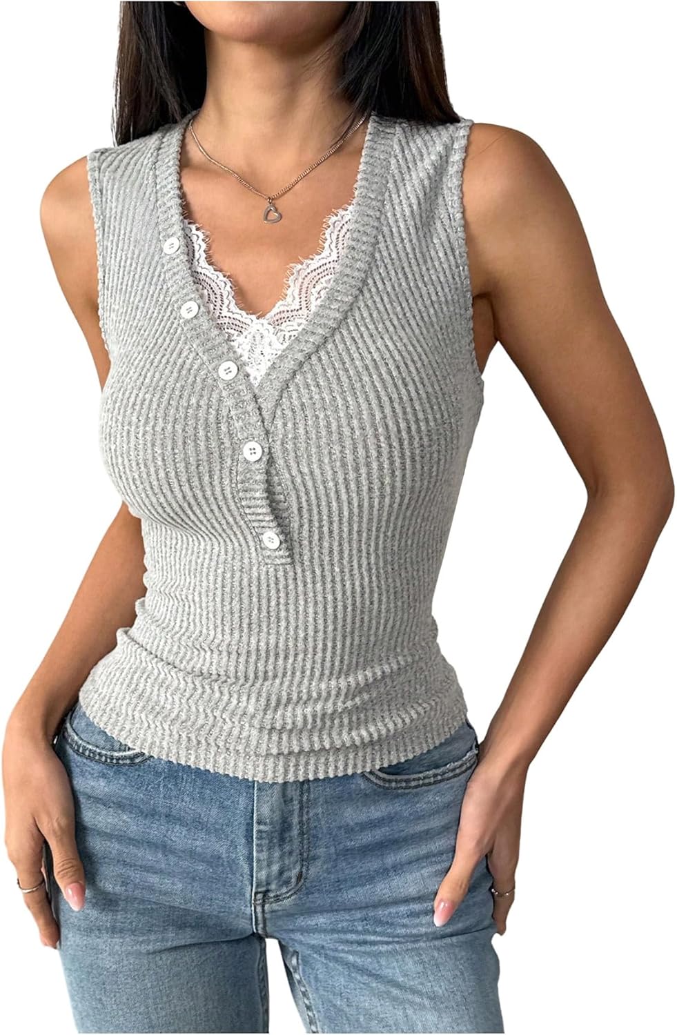SOLY HUX Women’s Lace Trim Tank Top V Neck Sleeveless Button Ribbed Knit Casual Summer Tops