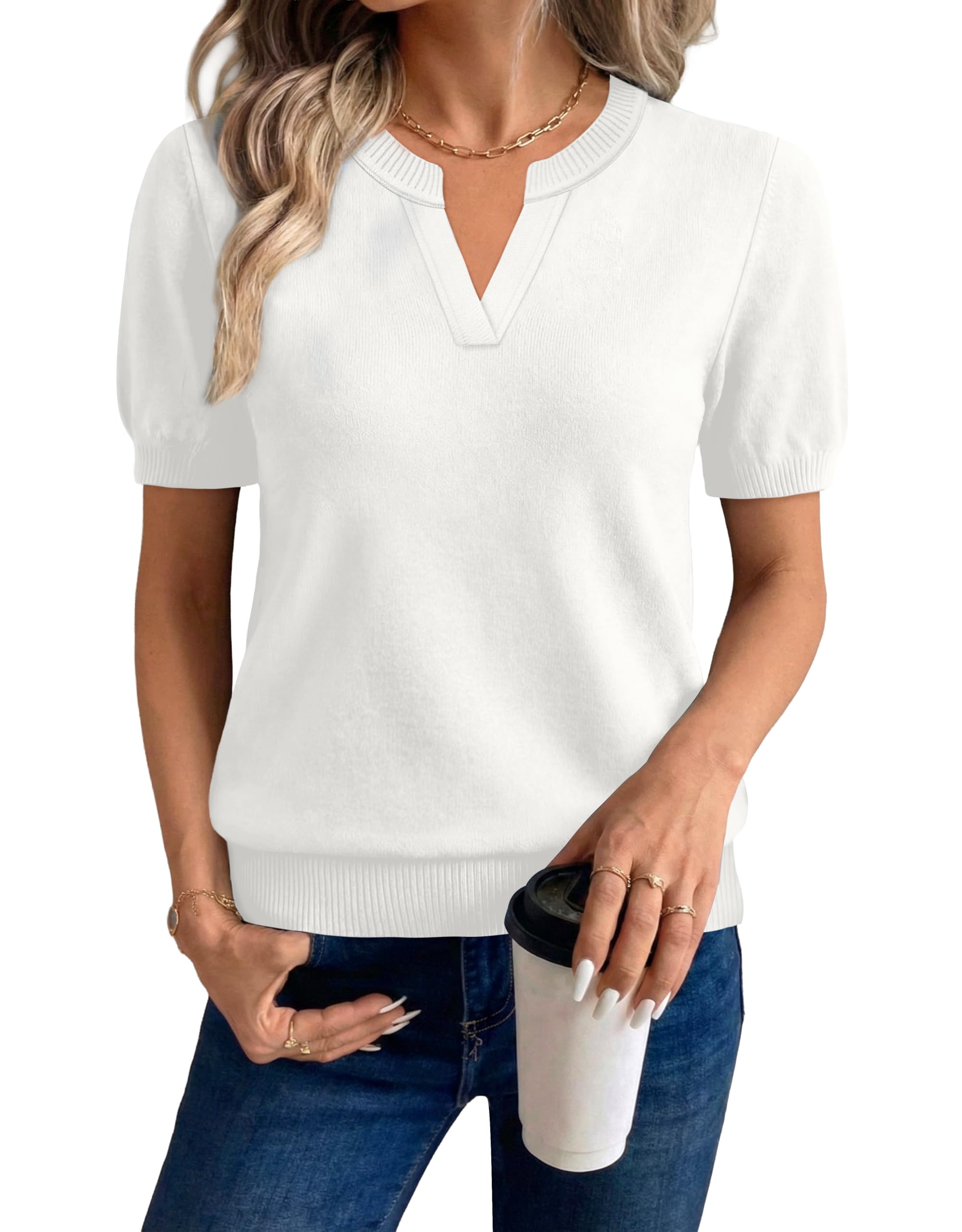WIHOLL Short Sleeve Sweater Tops 2026 Spring Summer Trendy Knit Business Casual Essential V Neck Sweaters - 3