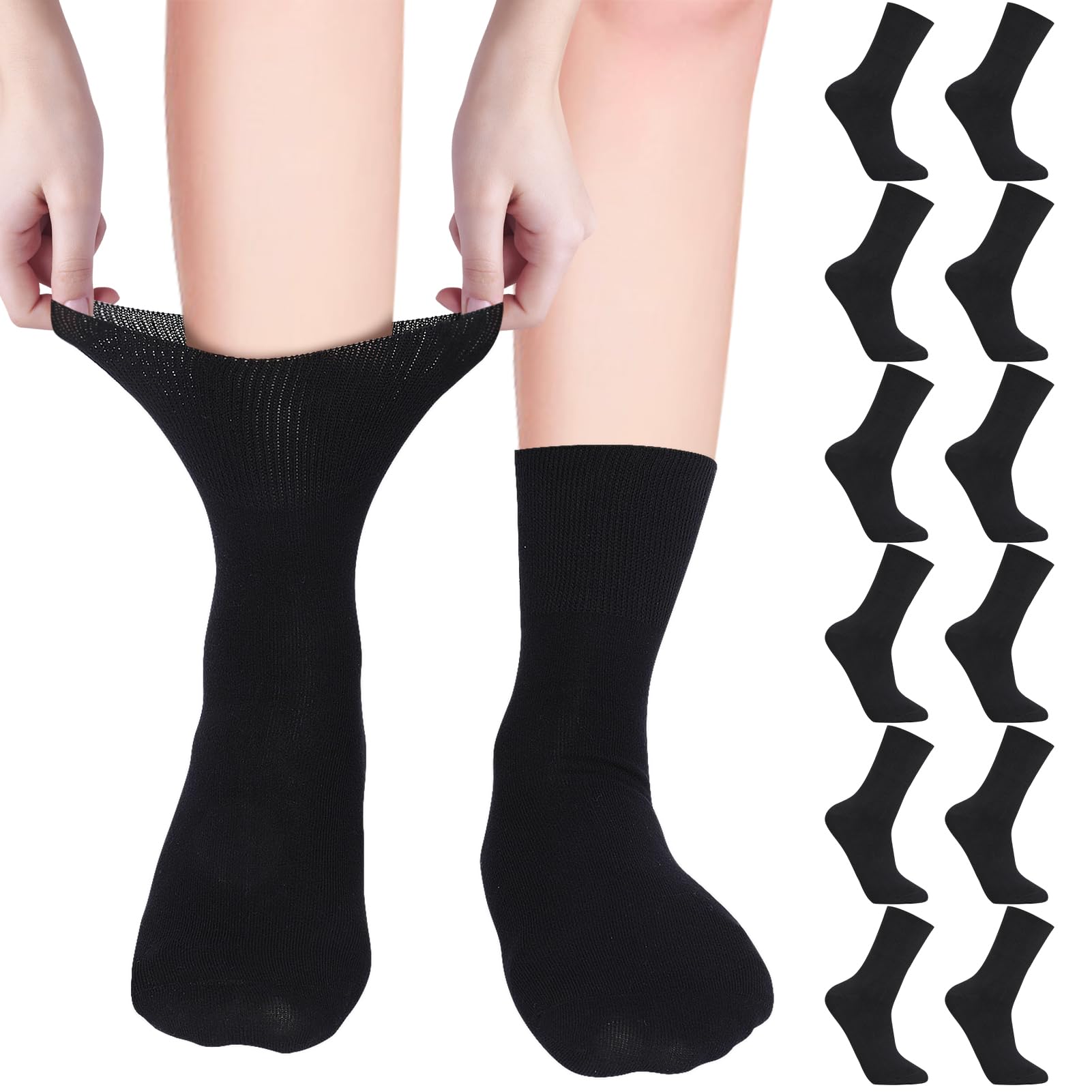 6 Pair Diabetic Socks, Elastic Diabetic Crew Socks Cotton Wide Loose Top Socks Gentle Grip Diabetic Socks with Seamless Soft Top for Men Women