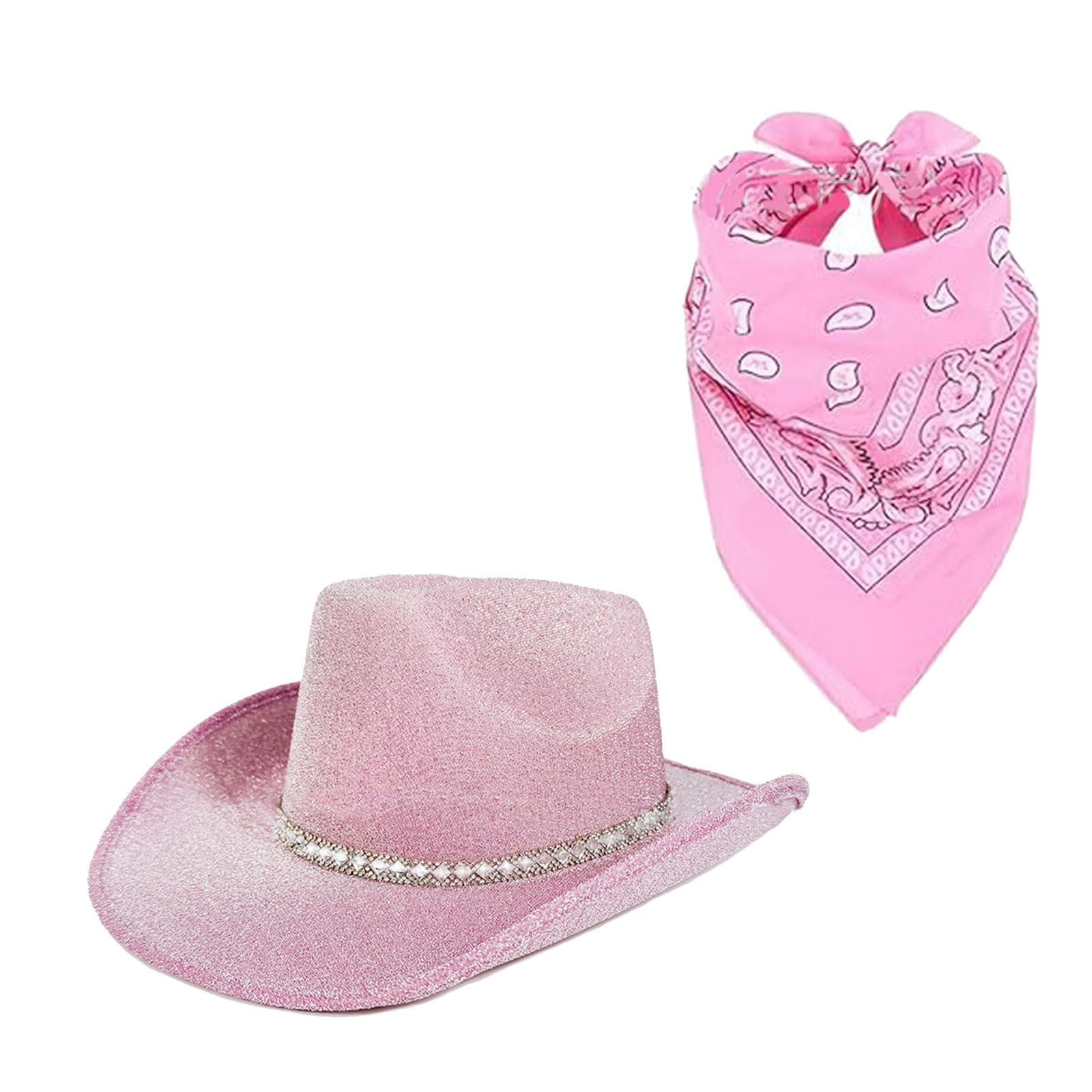 Bride Bandana and Hat Set Shimmering Rhinestones Glittering Crystal Panama for Music Festivals Beach Stylish Cowboy Hats