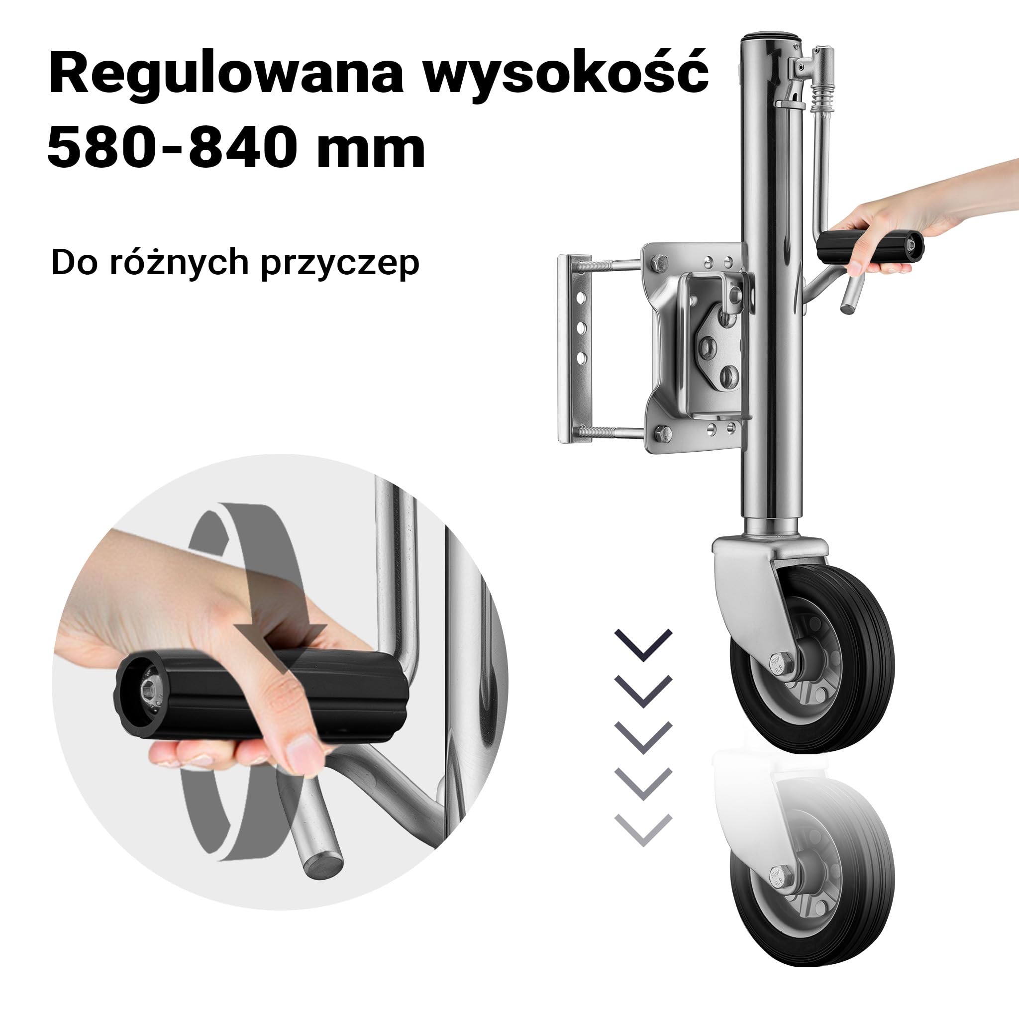 XPOtool Ciężkie koło podporowe do 540kg z korbą oraz uchwytem do samochodów osobowych i przyczep