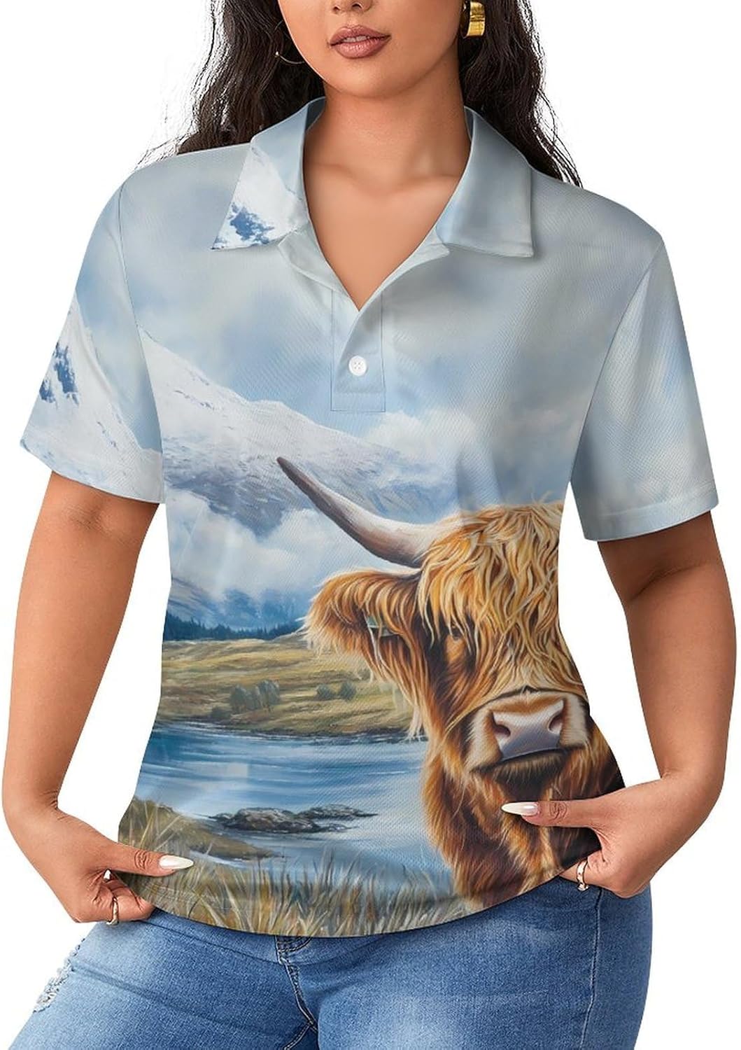 Highland Cow Scottish Mountains Women's Golf Polo Shirts Short Sleeve Quick Dry Tennis Tops Casual Work Blouses