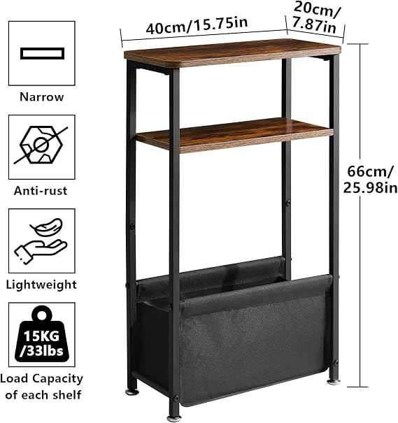 Aibiju Narrow Side Table with Storage, 3 Tier Slim End Table for Small Spaces, 40x20x66cm Narrow Bedside Table, Small Nightstand with Fabric Basket for Bedroom, Living Room, Rustic Brown YD-ST002H