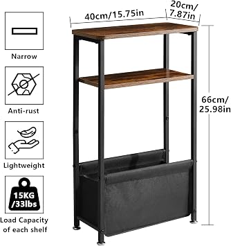 Aibiju Narrow Side Table with Storage, 3 Tier Slim End Table for Small Spaces, 40x20x66cm Narrow Bedside Table, Small Nightstand with Fabric Basket for Bedroom, Living Room, Rustic Brown YD-ST002H