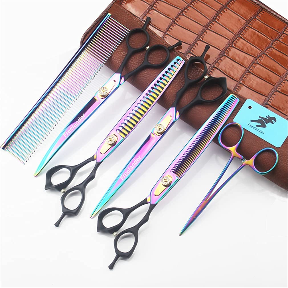 QZH Juego de 7 Tijeras Profesionales para el Cuidado de Mascotas, Acero Inoxidable 440C, Kit de recortador Profesional para Mascotas de 8.0 Pulgadas (Colorido), con Tijeras Curvas/ad