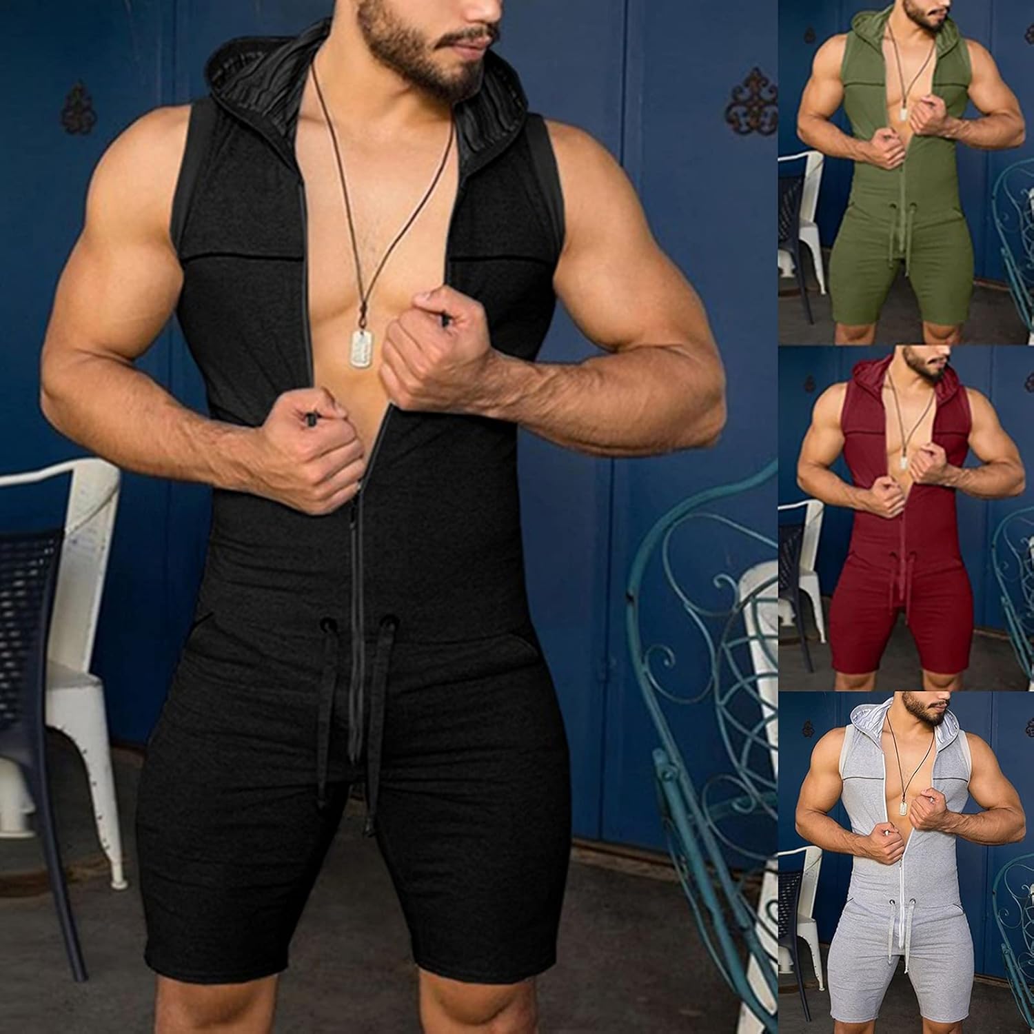 Panegy Men's Workout Tracksuit Jumpsuit Sleeveless One Piece Romper Work Athletic Onesie Plus Size - Image 5