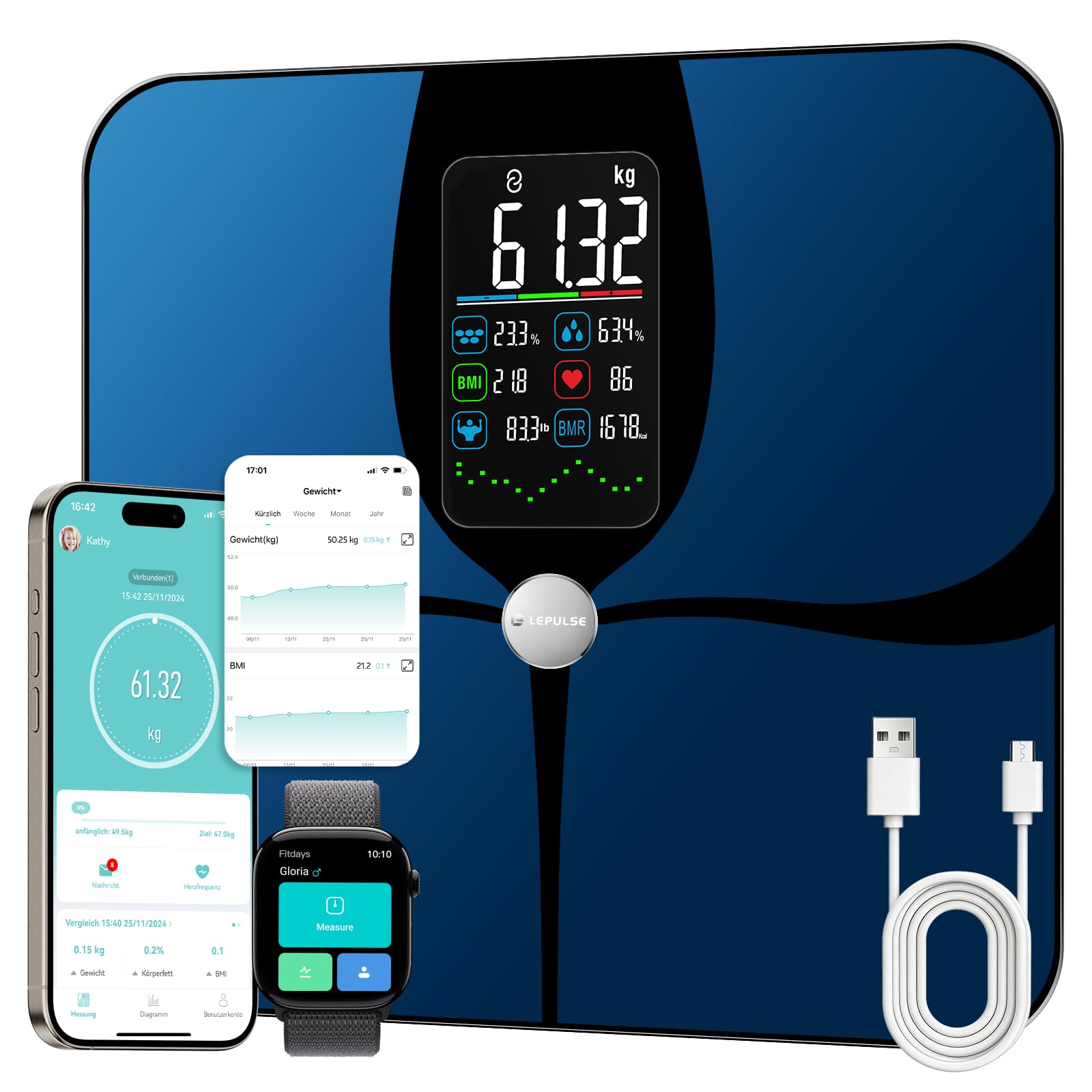Balance Pese Personne Connectée Impédancemètre, 4,68" Grand écran VA, 22 Métriques, Fréquence Cardiaque, Balance Masse Graisseuse et Musculaire, Port Type-C, App Android/iOS, 180kg/400lb