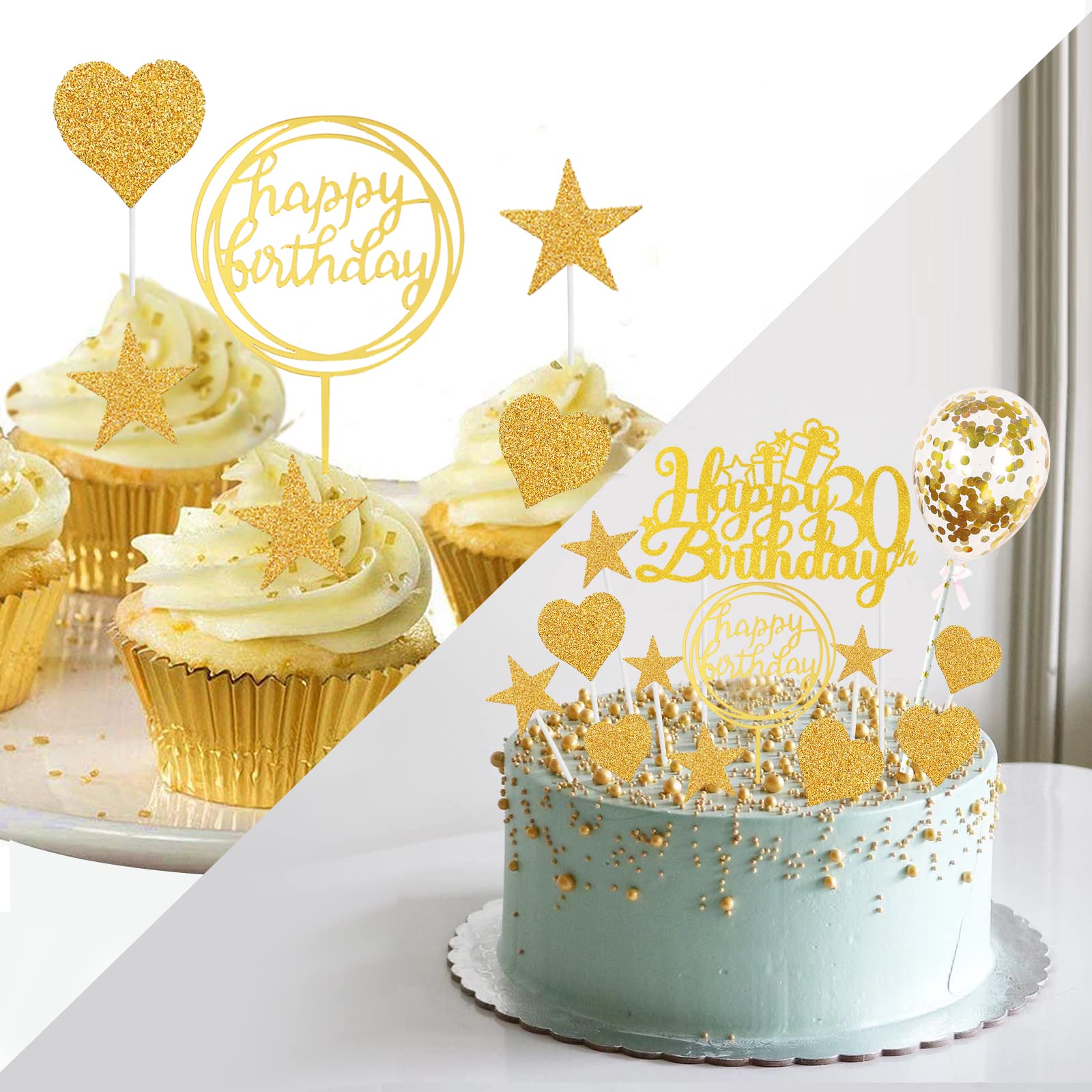 Happy 30th Birthday Glitter Cake Topper - Gold Star Design, 4.7x4.7 Inches, Pre-Assembled