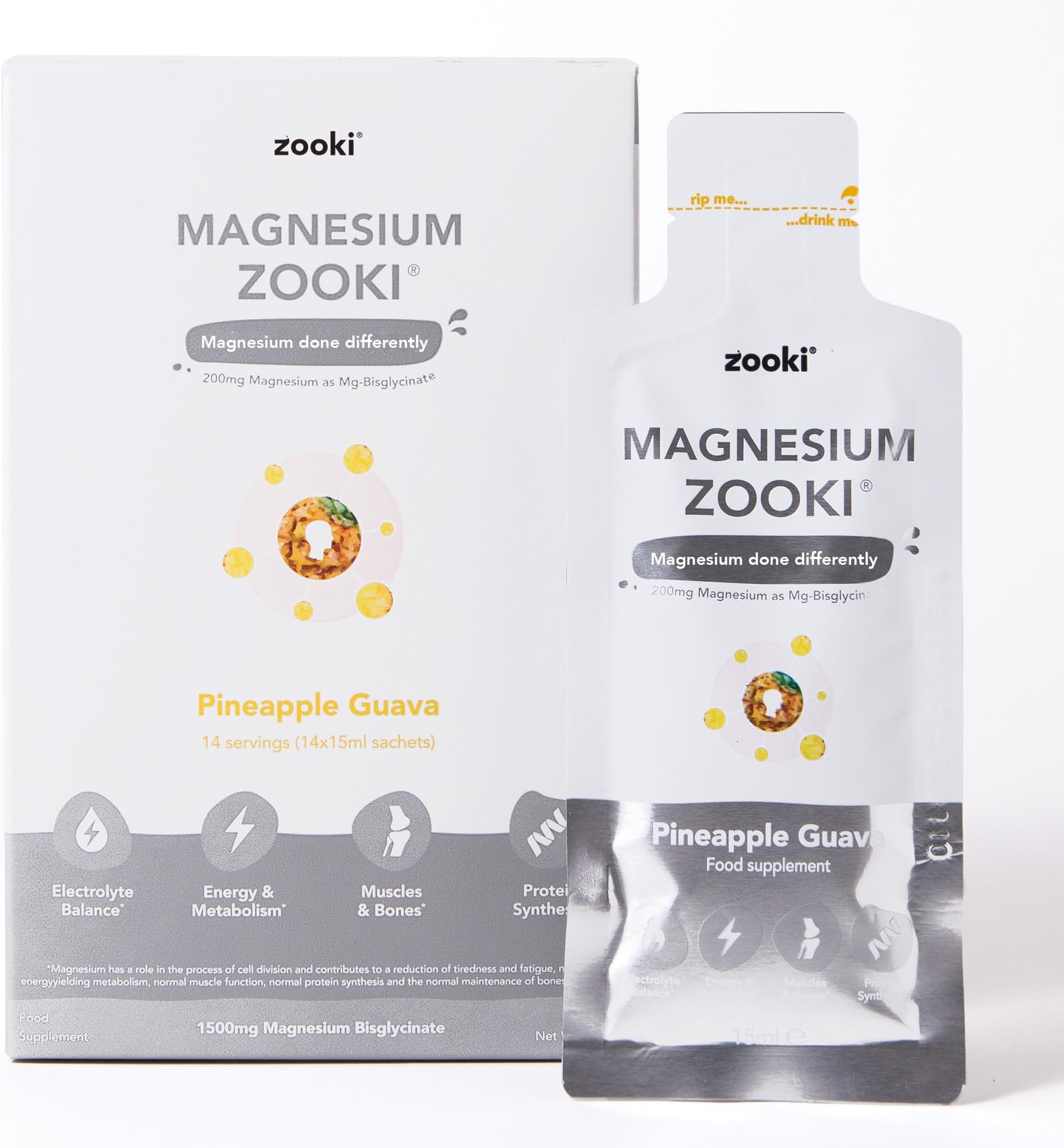 Zooki Liposomal Magnesium Glycinate Liquid Sachets, High Strength Magnesium Supplement, Liquid Magnesium for Muscle Relaxation Sleep & Energy Support, Vegan Sachets (Pineapple, 30 Servings)