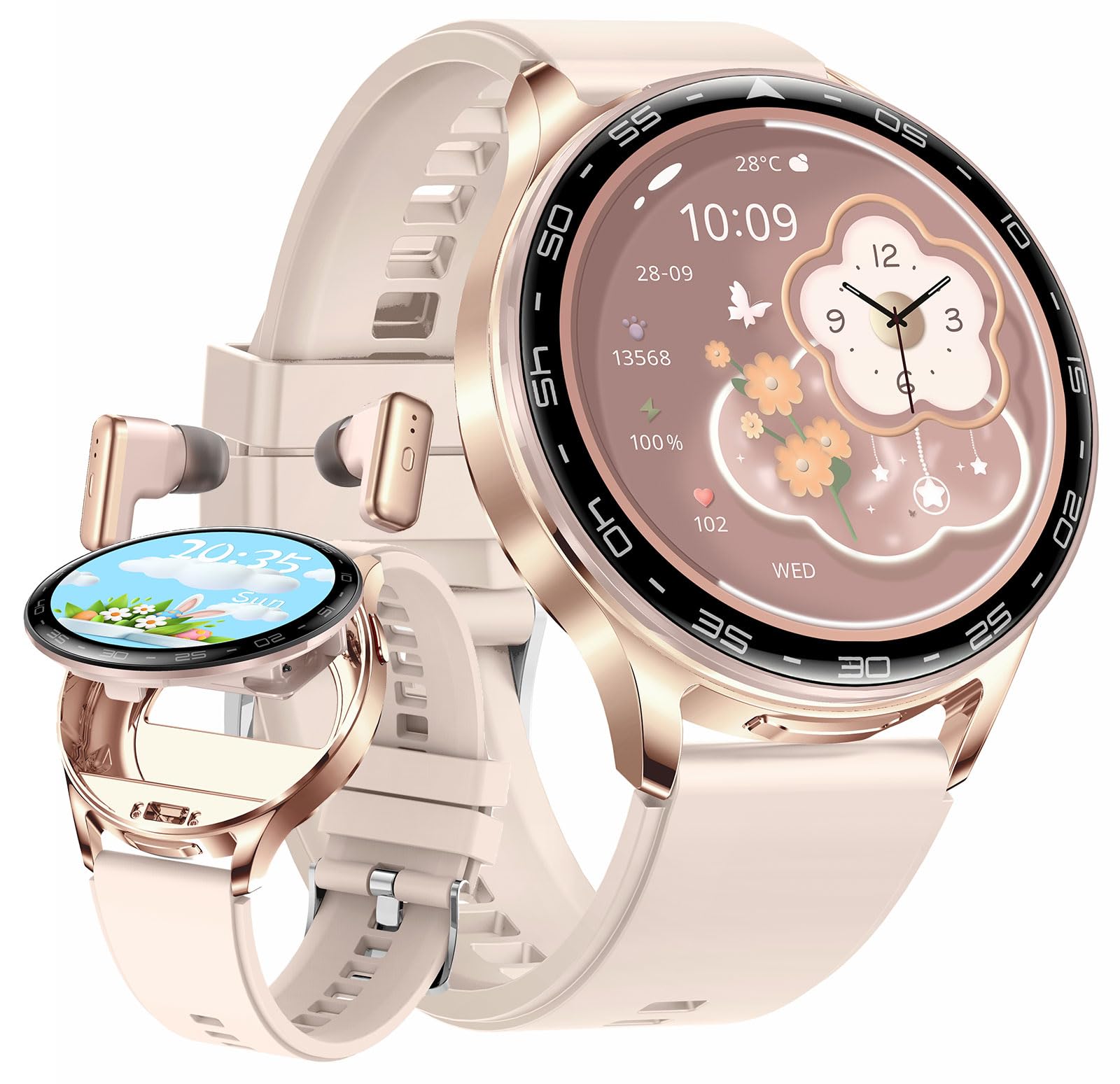 Smartwatch Bluetooth Kopfhörer Innovatives 2-in-1 Design Fitness Tracker 1.39 Zoll Bildschirm Touchscreen Kabelloses Headset mit Schrittzähler Herzfrequenz Schlafmonitor IP67 Wasserdicht Gold