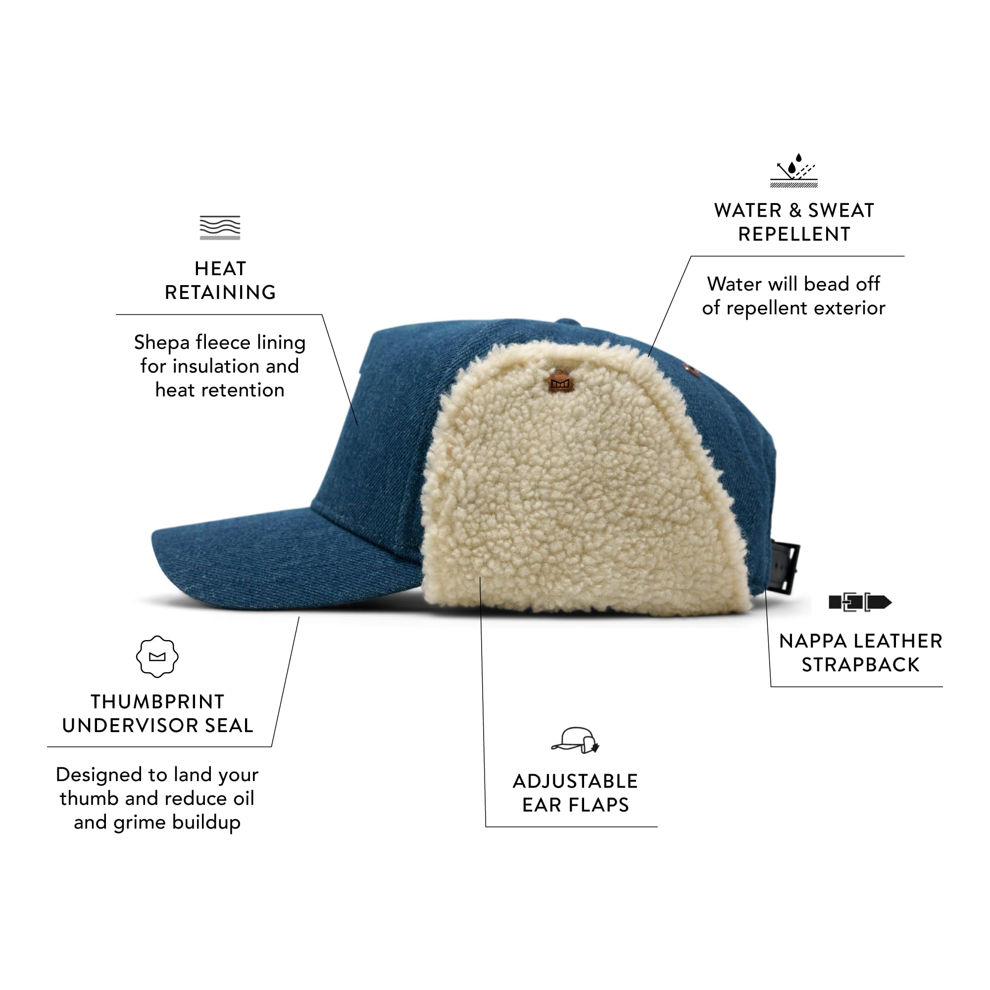 melin Odysea Stacked Lumberjack Thermal, Medium Blue Denim, Winter Strapback Hat with Adjustable Ear Flaps, Cold-Weather Caps for Men & Women, Medium-Large