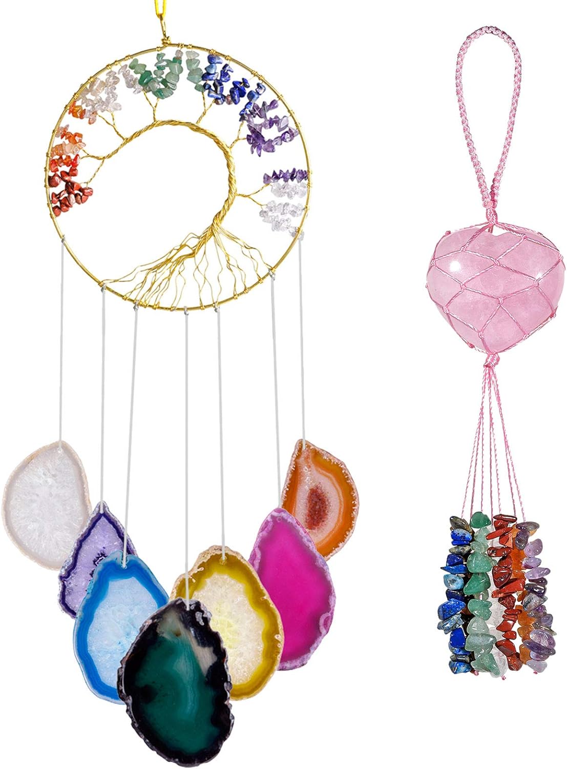 SUNYIK Tree of Life Agate Slice Wind Chime & Rose Quartz Heart Shape Hanging Ornament