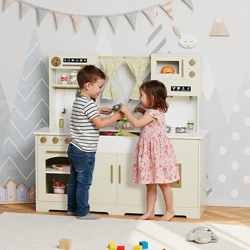 Miniatura 8 de MAMIZO Cocina de juego para niños, cocina de juguete de simulación de madera, juego de cocina grande para toodler, estufa y dispensador de agua con