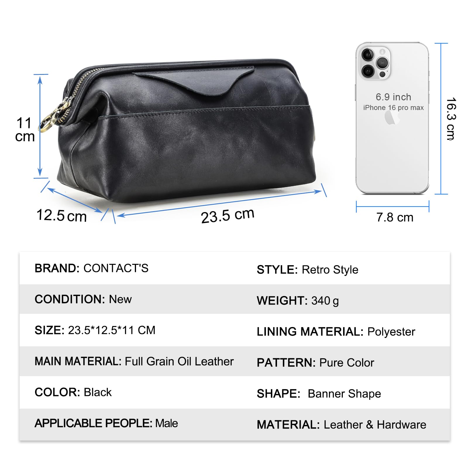 CONTACT'S FAMILY Sac électronique en cuir, étui de rangement de câble de voyage vintage pour accessoires numériques, pochette en cuir véritable, Noir , Organiseur de sac