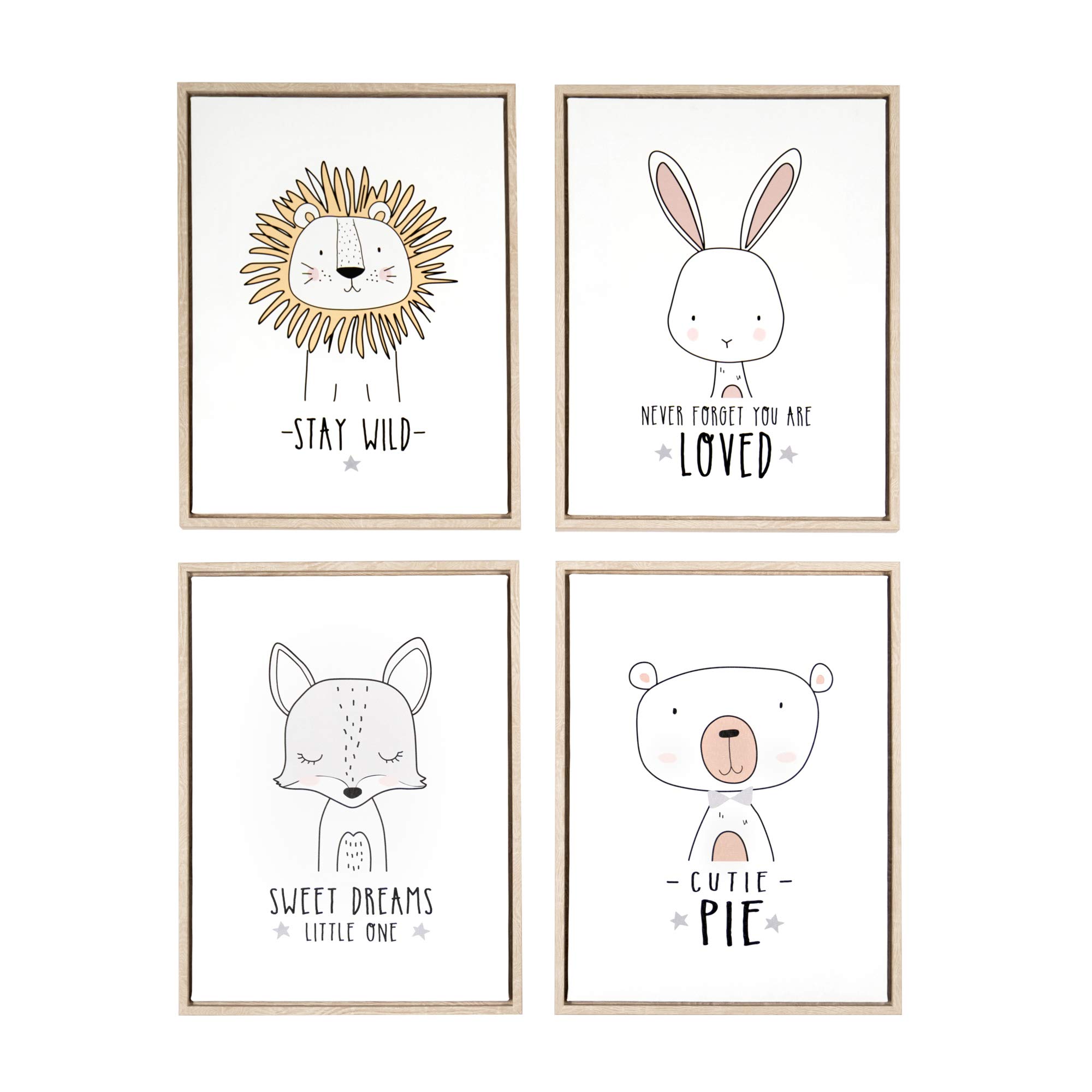 Maison Mia Framed Canvas Cute Sweet Animals Wall Art Décor Set of 4 (12 x 16 in) for Baby Toddler Nursery Girl Boy Neutral Kids Childrens Bedroom Playroom