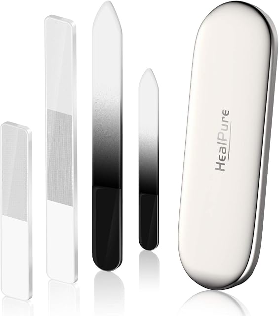 Glass Nail File and Shiner  4PC Double Sided Etched Crystal Nail Buffer Files and Nano Nail Polishers, Professional Salon Manicure Tools Kit for Acrylic and Natural Nail, Perfect for Women & Girls