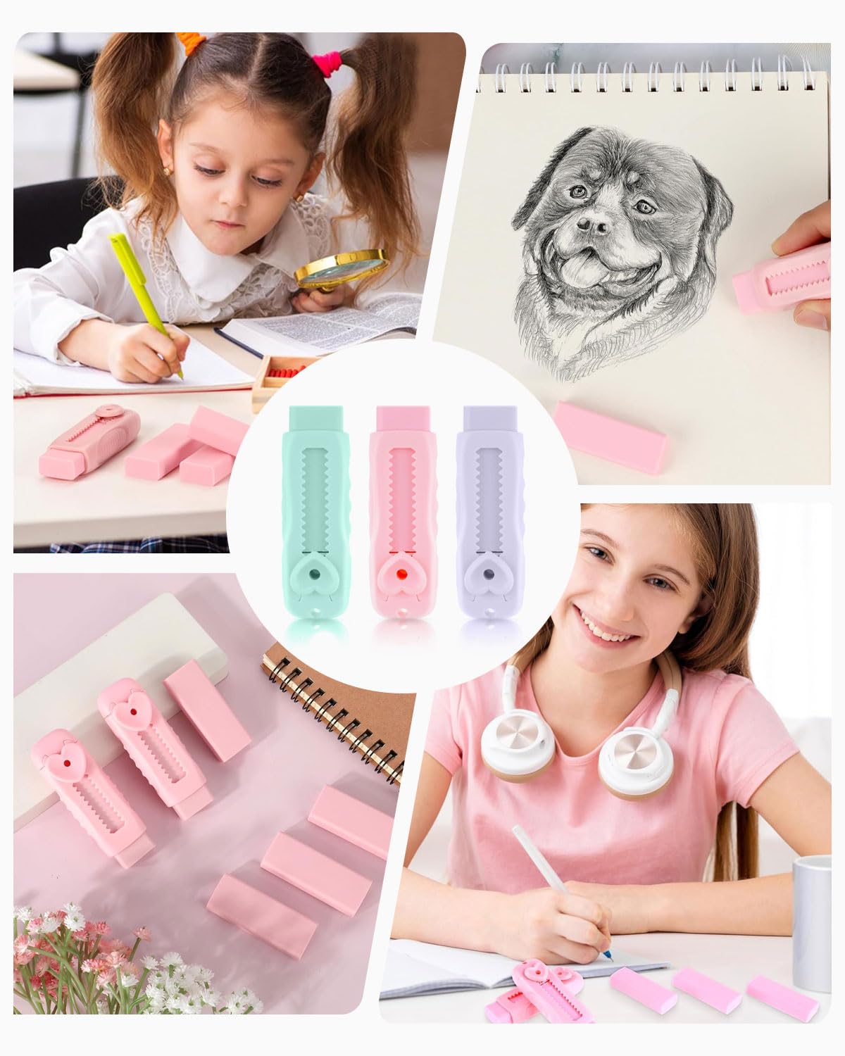 3 portaminas, portaminas con goma de borrar para niños + 4 gomas de repuesto Portaminas con goma de borrar, para escolares Material escolar (rosa)