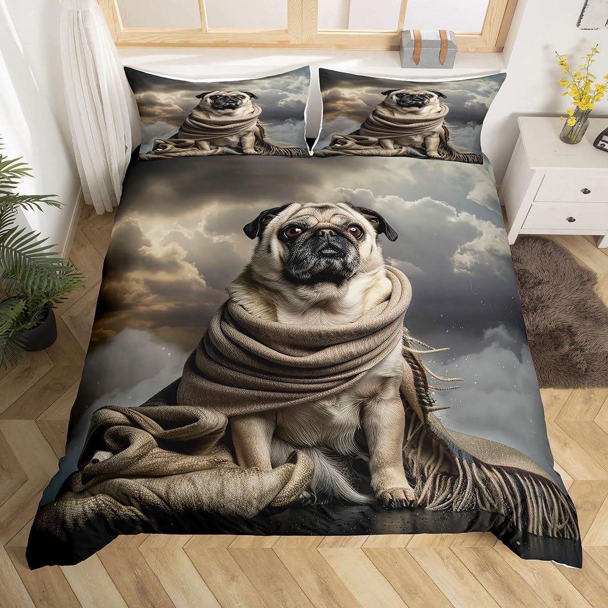 Erosebridal Pug Comforter Cover, Cute Dog Pattern Duvet Cover Set King Size, Funny Puppy Animal Bedding Set for Kids Children Boys Girls, Grey Lightweight Bedspread Cover Bedroom Decor, Gray