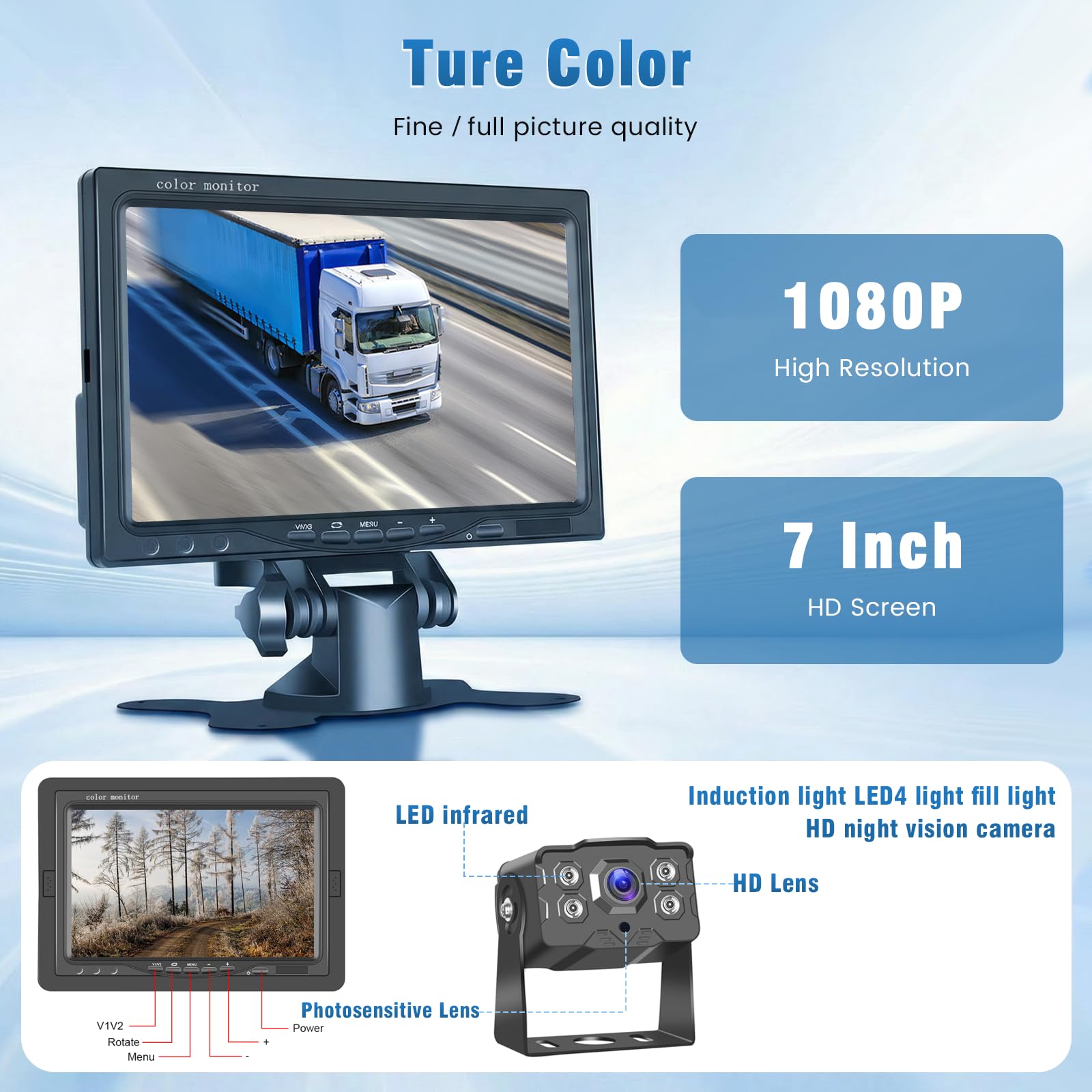 Kit telecamera di retromarcia con monitor IPS da 7 pollici e telecamera AHD, resistente all'acqua IP68, visione notturna a infrarossi, telecamera di retromarcia con cavo da 4 pin lungo 10 metri, 9-36V