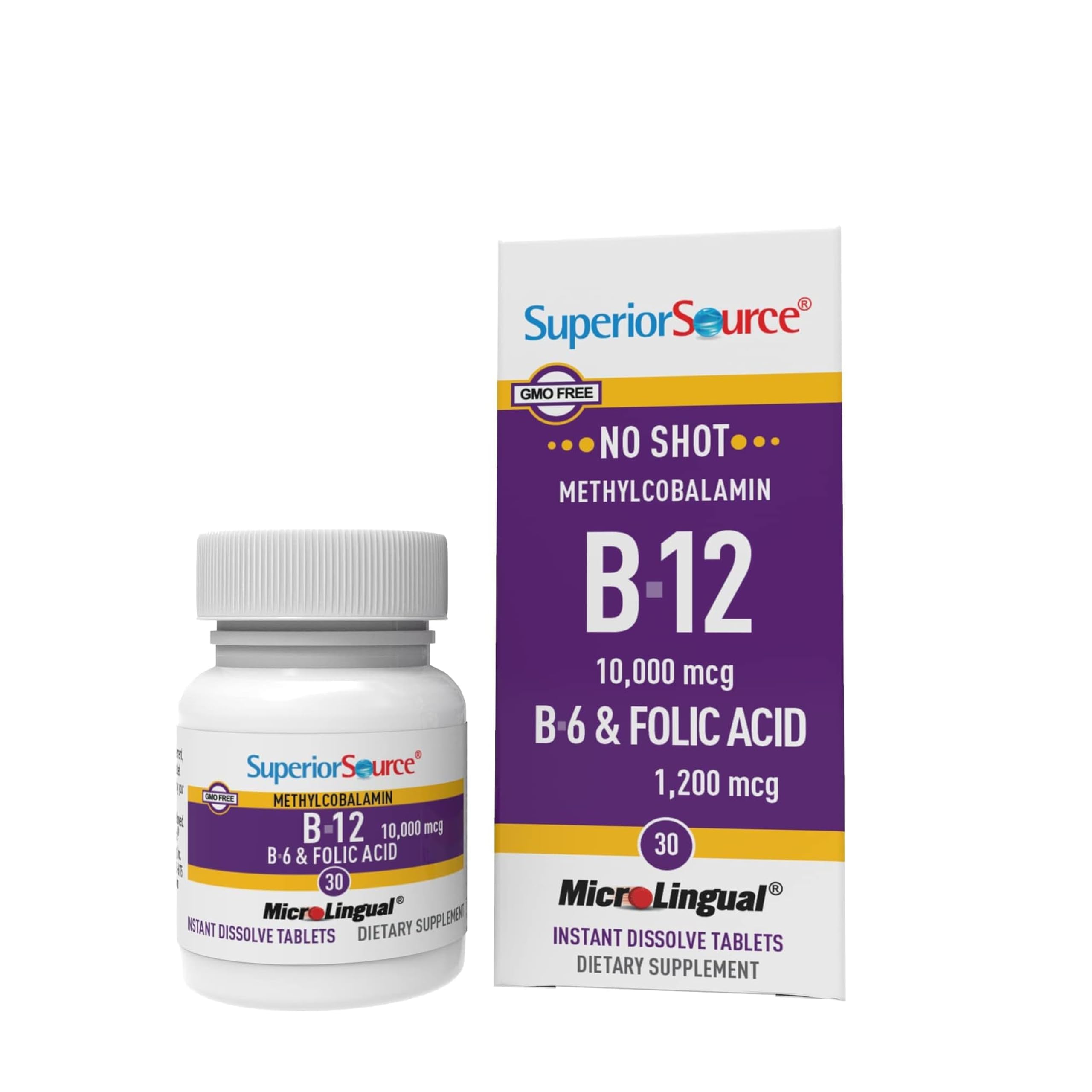 Superior Source No Shot B-12 10,000 mcg, B-6, Folic Acid 1,200 mcg, 30 Ct Unflavored 30 Count (Pack of 1)