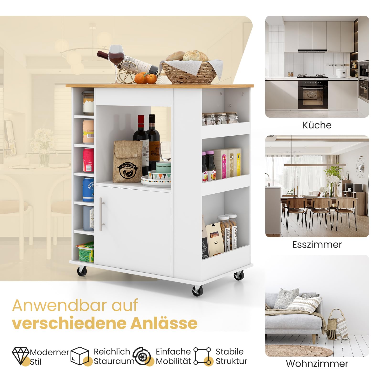GOPLUS Wózek kuchenny na kółkach, mobilna wyspa kuchenna z blatem roboczym, regał na wino na 6 butelek, 2 blokowane uniwersalne kółka, wózek do serwowania z regałem na przyprawy i uchwytem na