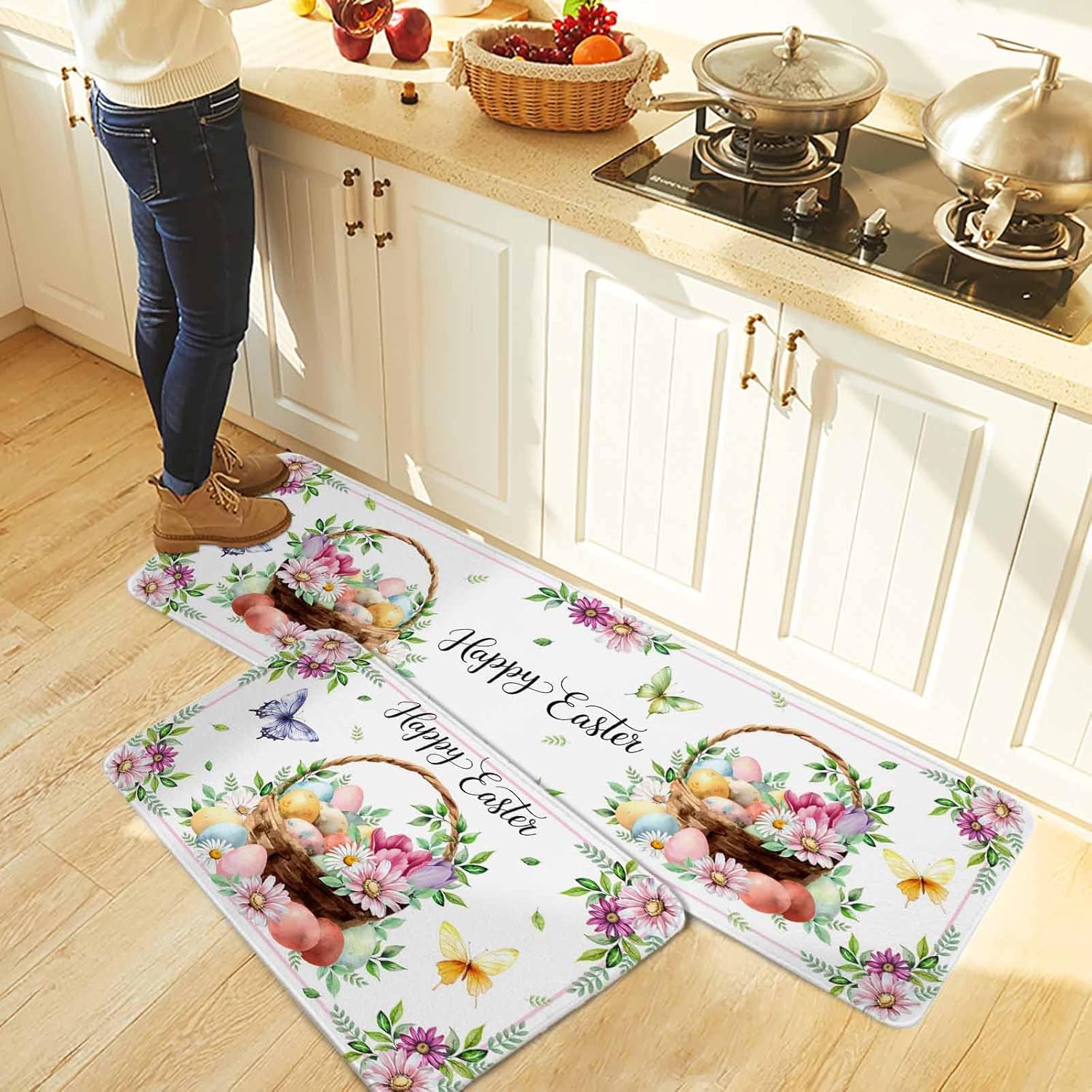 Spring Easter Kitchen Rugs and Mats Set of 2, Non-Slip Kitchen Sink Mat, Colorful Eggs Daisy Flowers Basket Butterfly Washable Doormat Bathroom Rugs Runner for Bedroom 19.7"x31.5"+19.7"x63"