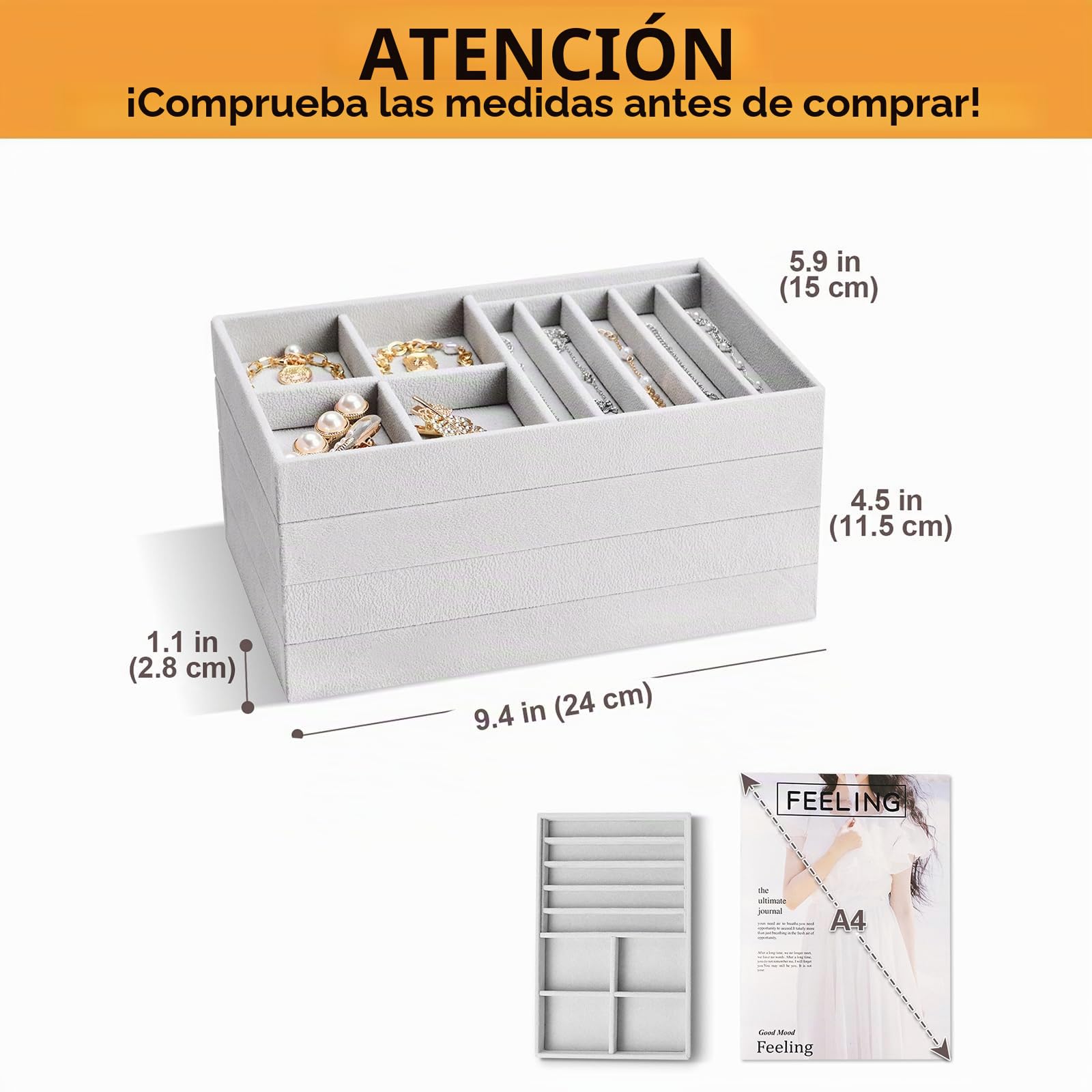 ProCase 4 Capas Combinadas Organizador de Joyas, Bandeja de Joyería para Guardar y Exponer Collares Pulseras Anillos Pendientes -Gris