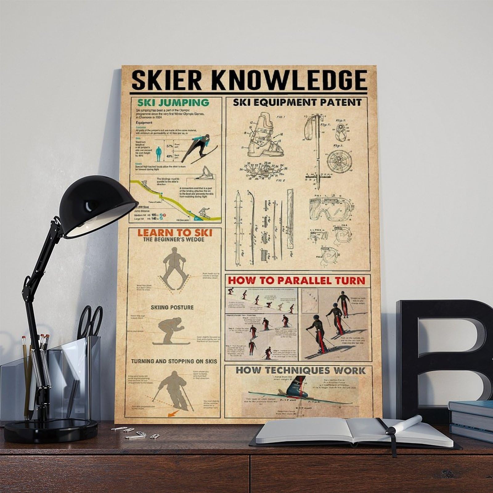 Poster su tela con scritta "Skier Knowledge", decorazione per camera da letto, ufficio, stanza, regalo, 50 x 75 cm