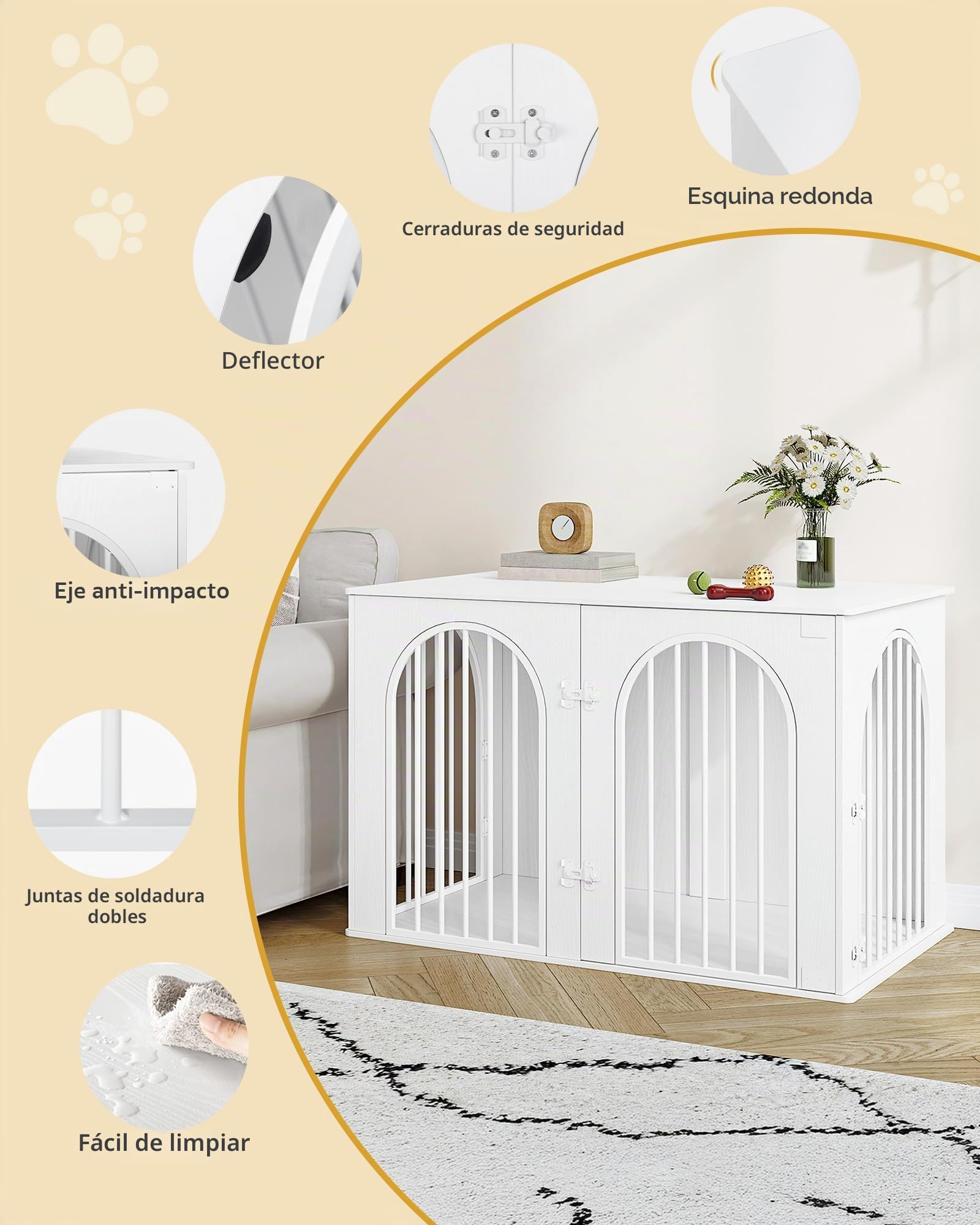 Hzuaneri 108 cm Jaula para Perros, Mesa Auxiliar, Casa Moderna para Perros, Jaula Perro Grande para Casa de Madera, Dúplex para Animales, 3 Puertas, Puerta Arqueada, 64 x 108 x 76 cm, Blanco