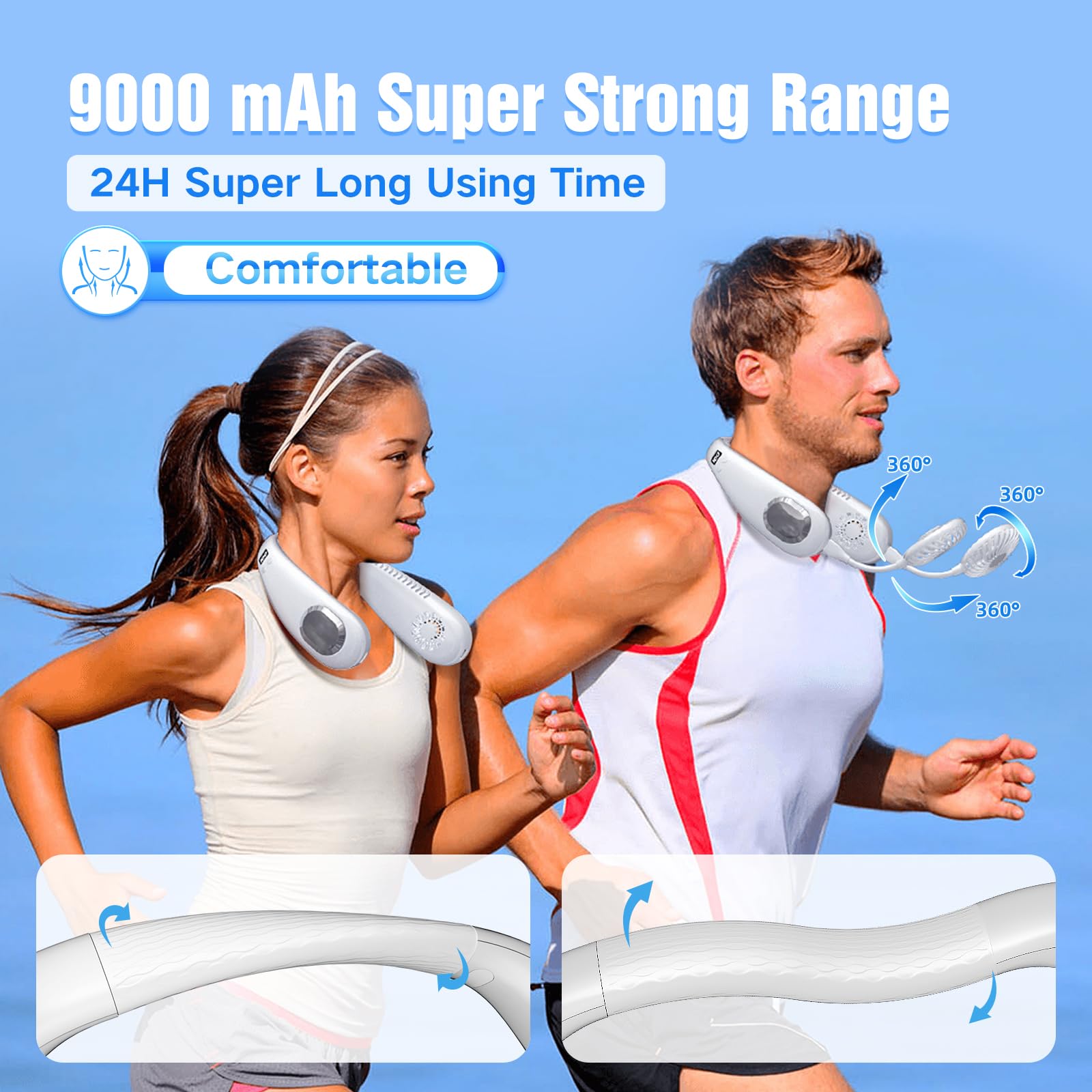 Ventilador de cuello portátil, aire acondicionado manos libres con 4 salidas de aire de 3 velocidades para viajes, camping, trabajo en el patio, color blanco