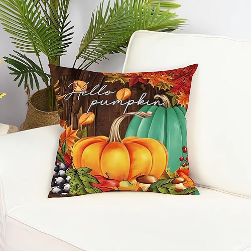 Miniatura 4 de AEL Juego de 4 fundas de almohada de otoño de 18 x 18 pulgadas para decoración de otoño, Acción de Gracias, calabaza, rústico, de lino
