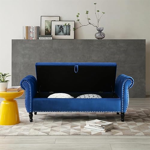 Miniatura 55 de HMFULE Taburete rectangular de almacenamiento multifuncional de 63 pulgadas, patas de madera maciza, banco tapizado de terciopelo con 1 almohada