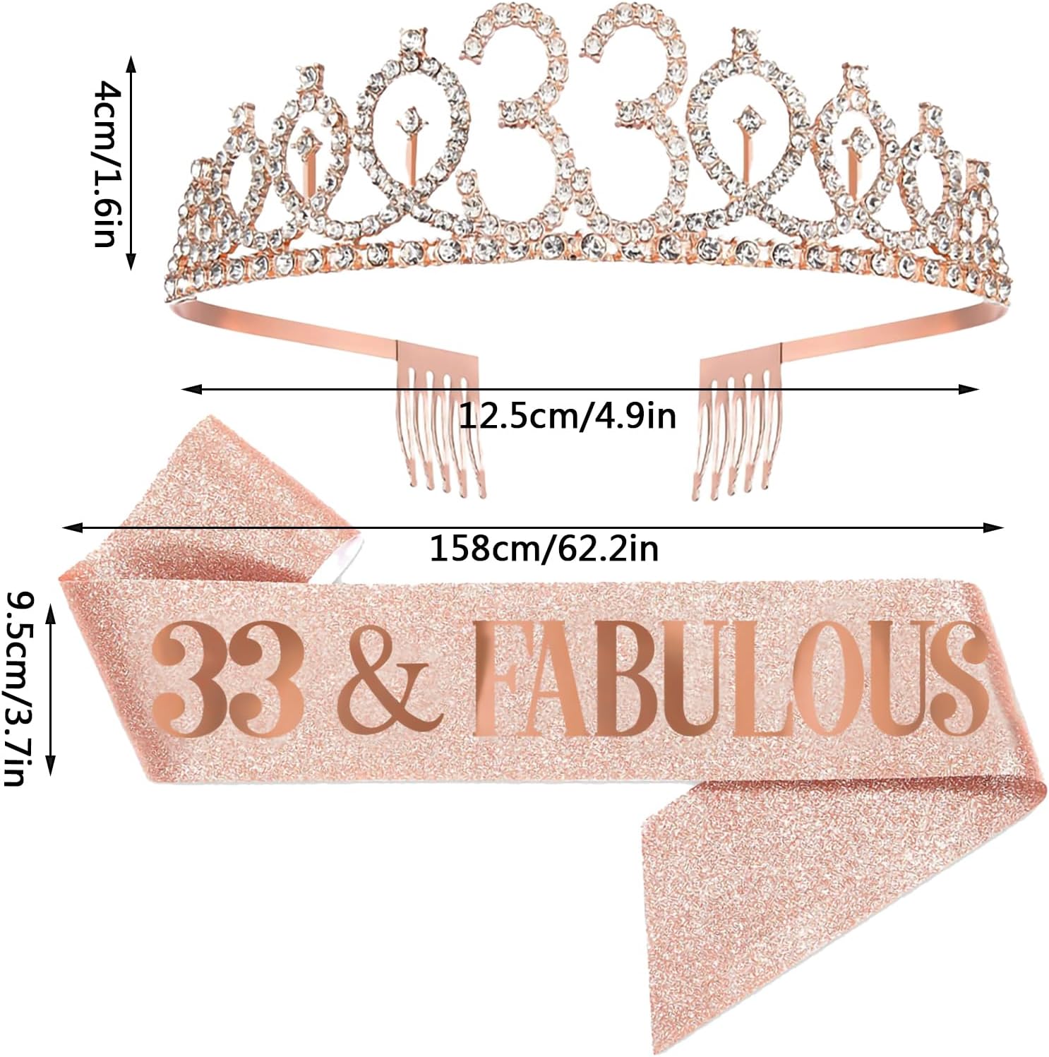 33rd Birthday Sash and Tiara for Women, 33 & Fabulous Birthday Sash and Crown for Party Favors Supplies and Decorations, Rose Gold - Image 2