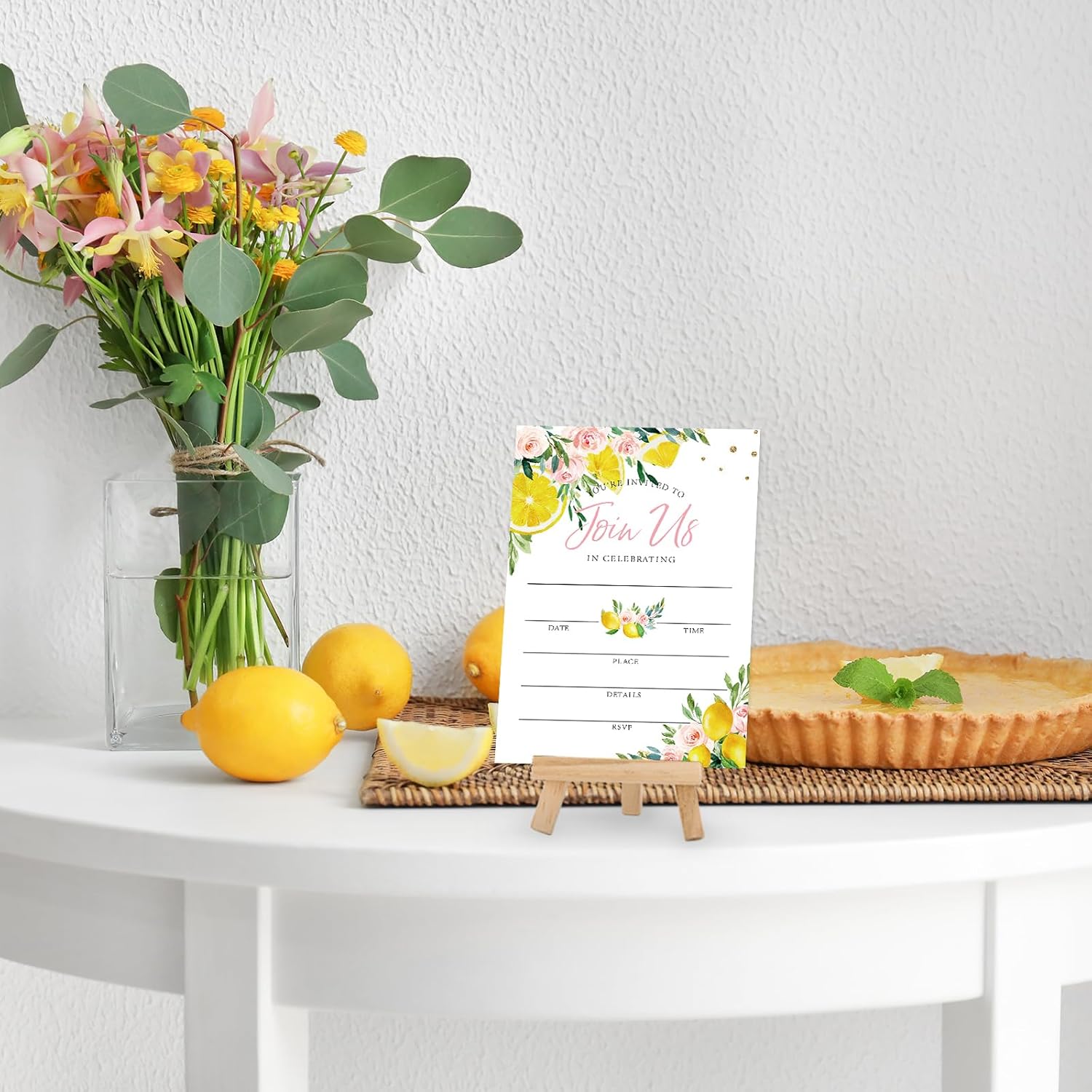 Whaline Pink Floral Lemon Invitations 20 Sets Spring Summer Flower Lemon Invitation Cards with Envelopes Stickers Fill in Blank Invites for Wedding Baby Shower Birthday, 5 x 7 Inch