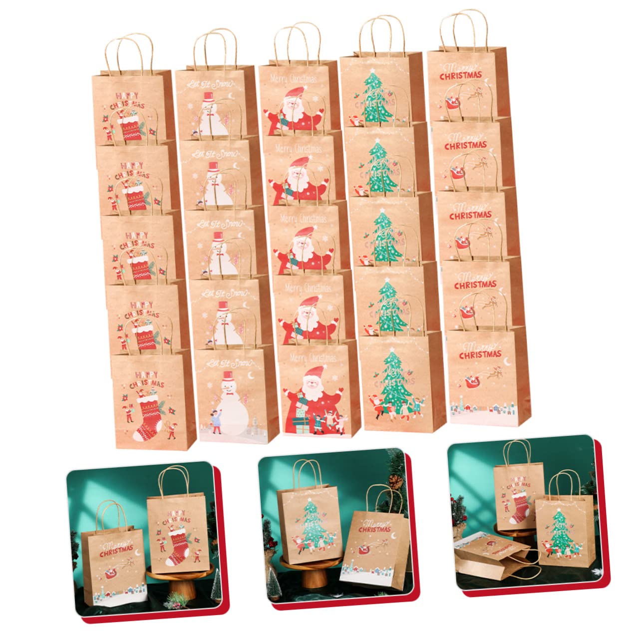 UKCOCO 25pezzi Sacchetti di Carta Natalizi Manici Sacchetti Regalo per Dolcetti da Festa Bomboniere Decorazioni per Feste di Natale